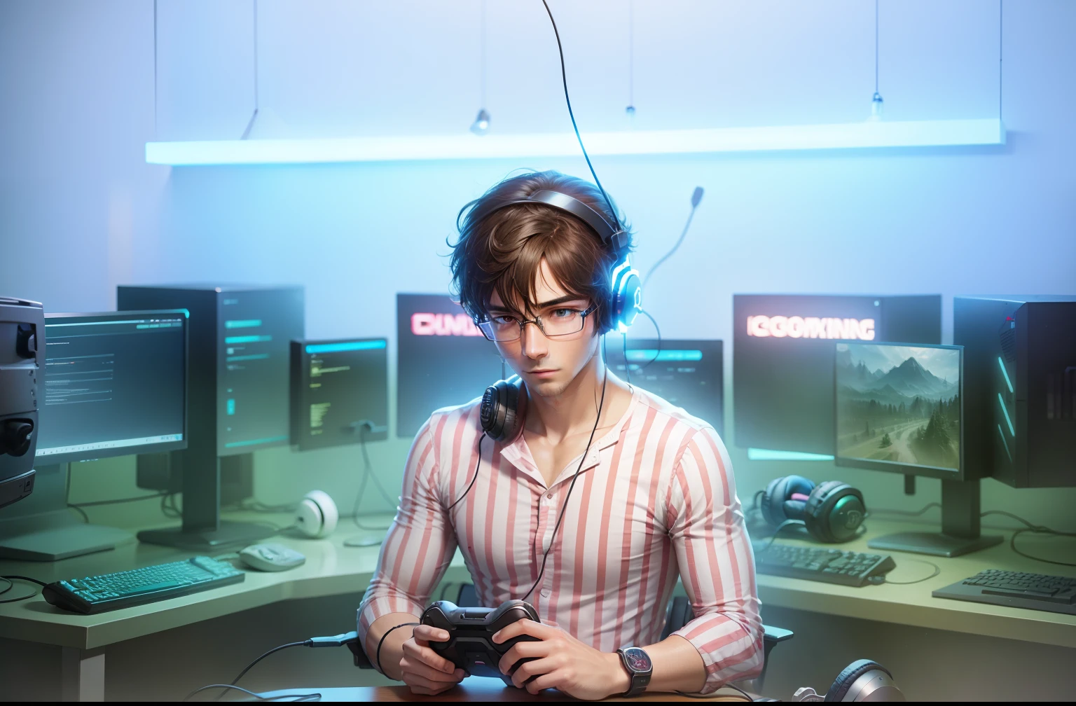 glasses, gaming headset, lighting room