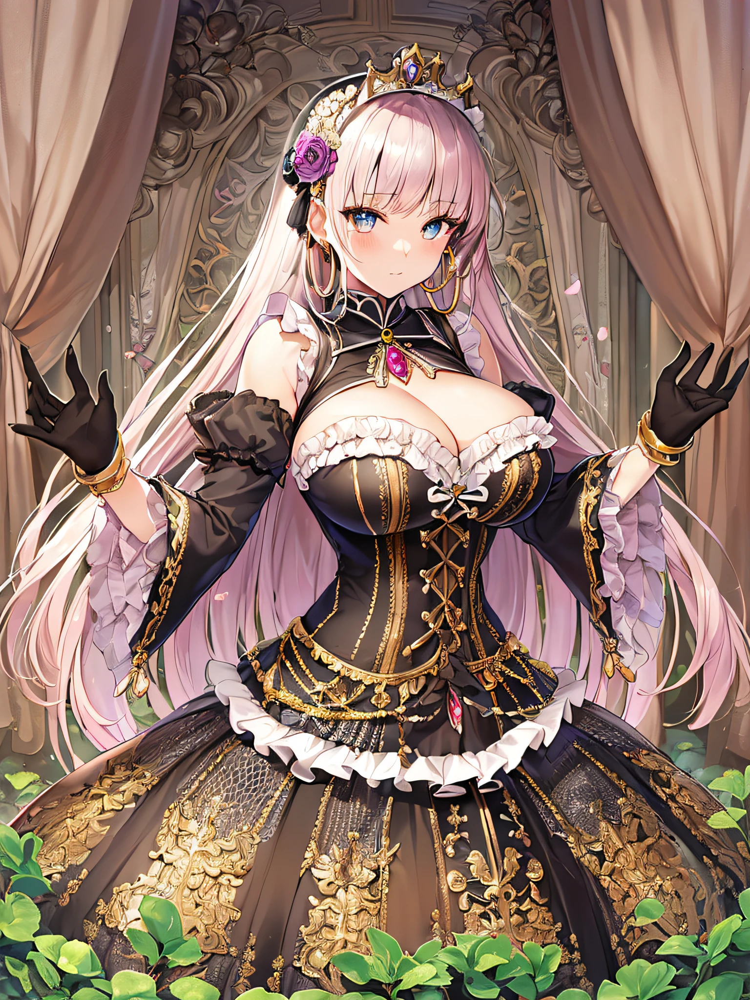 ((anime artstyle)),(Masterpiece),(Best Quality), (Super Detail),((Very Delicate and Beautiful)),(((Solo))),((full body)),(((1 princess in sweet ta dress with voluminous full length hoop skirt))),((standing in fashion boutiques)),Long train,(bling-bling gorgeous gemstone jewelry),detailed face and eyes,jewel-like eyes,((large amount of straight hair,extremely voluminous Very Long Straight Hair)),(((gorgeousfull embroidery and lace))),((gigantic tits,Long tits)),cleavage,gorgeous corsage,See-through,((extremely gorgeousfull loliair ornament)),bling-bling extremely gorgeousfull jeweled tiara,ornate ruffles,beautiful embroidery,(hoop skirt,crinoline),flowers, flower petals flowing,((Dynamic Angle)),Looking at viewer,((full body)),(((sweet lolita d with voluminous full length hoop skirt)))