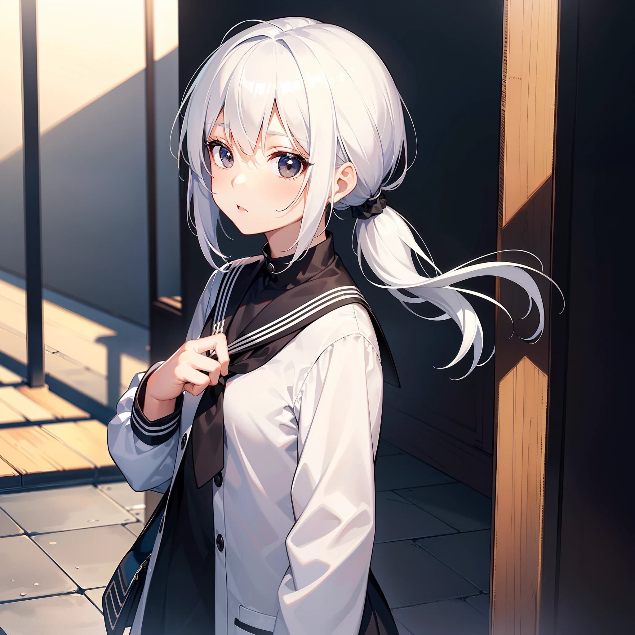 MKSKS style, (Very detailed background:1.0), (highly detailed back ground:1.0), 1girll, full_Body,,frontage，Masterpiece, Best quality, (1girll, Solo, Girl:1.2),，White hair,Best shadow,Upper body,Black eyes，low tied hair，Low ponytail，school uniform