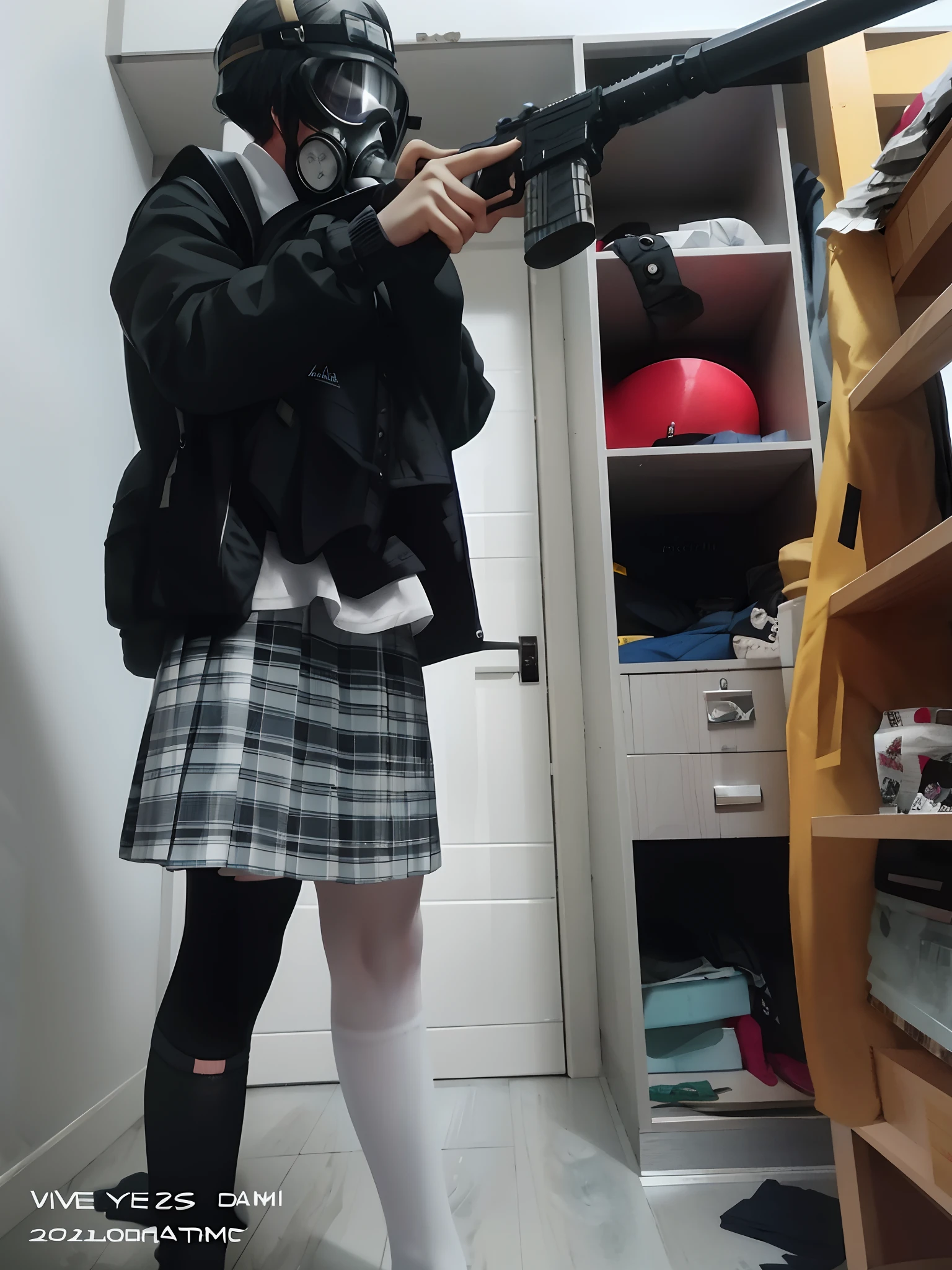 There was a woman in a skirt and a gas mask holding a gun, dressed as schoolgirl, wearing skirt and high socks, in school uniform, in school uniform, outfit photograph, of a schoolgirl posing, dressed in punk clothing, wearing japanese techwear, cosplay of a catboy! maid! dress, full body with costume, tall female emo art student