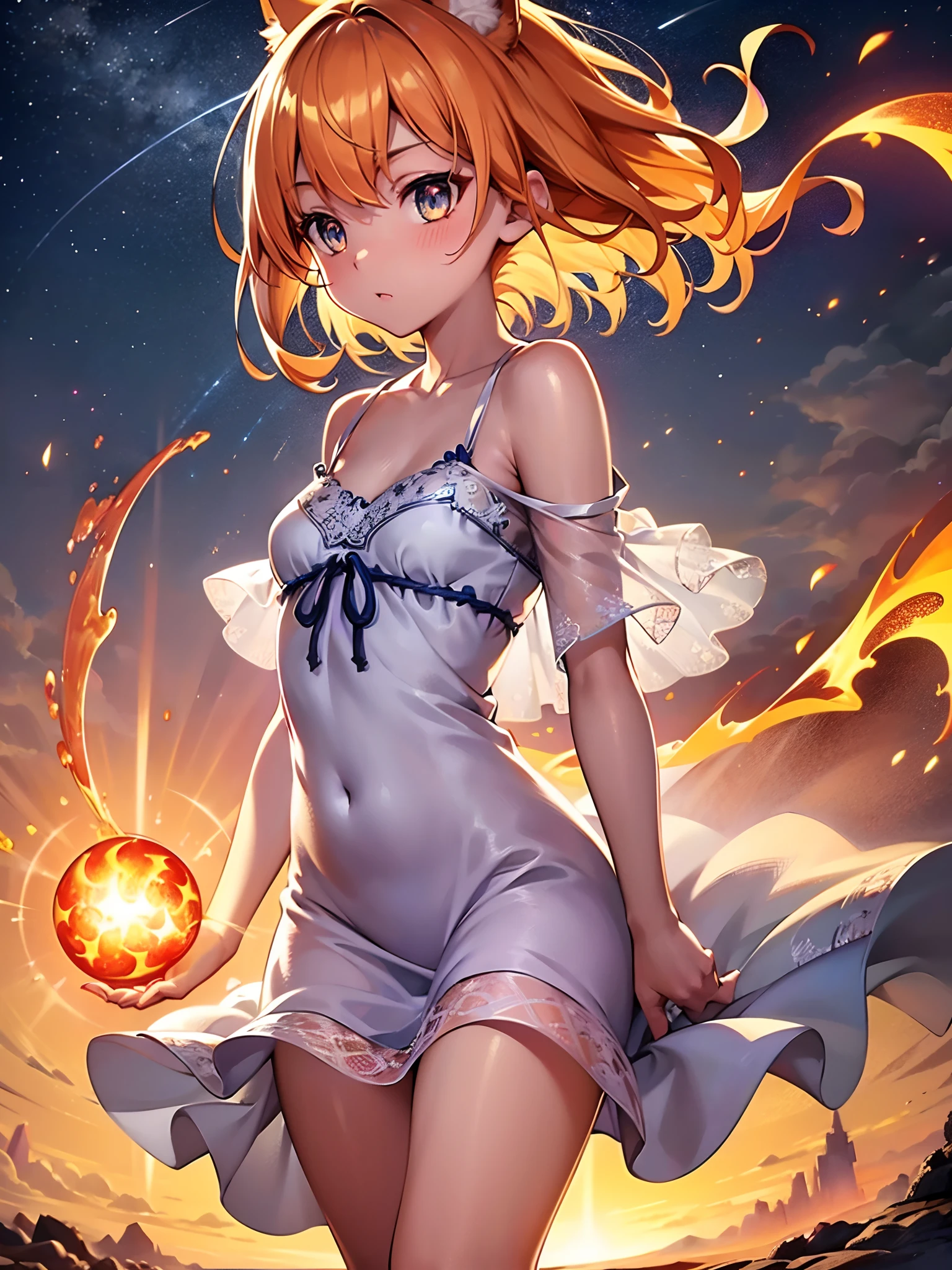 (masterpiece:1.1), (best quality:1.2), (artwork:1.1) of (real adult catgirl in light nightdress, dynamic pose:1), skinny, thin legs, thin hips, crepuscular rays, (scenic, floating short hair, tender, natural skin, upper body, tall), (crisp:1.1), (ultra detailed, ultra detailed cg background), full body colorful tattoo, firestorm, centered, colorful, glowing, (depth of field), wavy hair, finely detailed, (edge detection:1), (120mm), beautiful eyes, (intense lighting:1.1), (ultrasharp), fine art, creative, face, bokeh, photographed on a Fujifilm GFX 100S, macro lens, orange, cold blue, fireball, engulfed in flames, flight, sunny, dynamic, physics, sky, lava, moons, shockwaves, red-hot, magic, wizardry, spheres, concentric