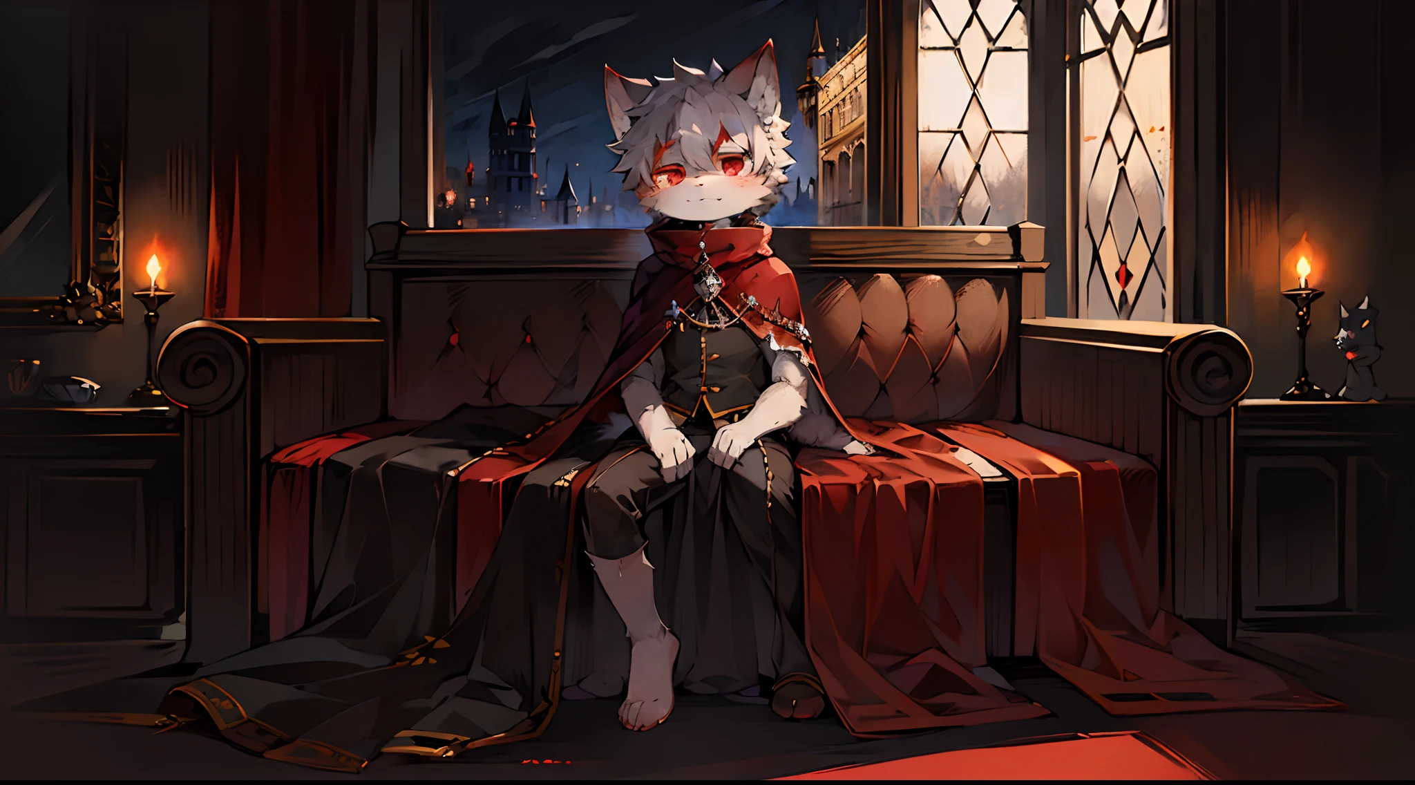 (Dark Environment: 0.8), Masterpiece, High Quality, Abstract Res, Digital Painting\(artwork\), by Dagasi, Yupa, Kiyosan, (Anthro, Fluffy Fur, Character Focus: 1.1), Anthro Male Cat, Short Hair, Portrait ,,, masturbation, erection, bright eyes, panorama, character focus. (Background: 0.7), Solo, Furry, Furry Male, Male Focus, Anthr, (Full Body Fur, Fluffy Tail, White Fur, Red Eyes, Gray Hair: 1.2), (Canids, Vampires, Cloak: 1.2), (Interior, Night, Castle, Coffin: 1.1)