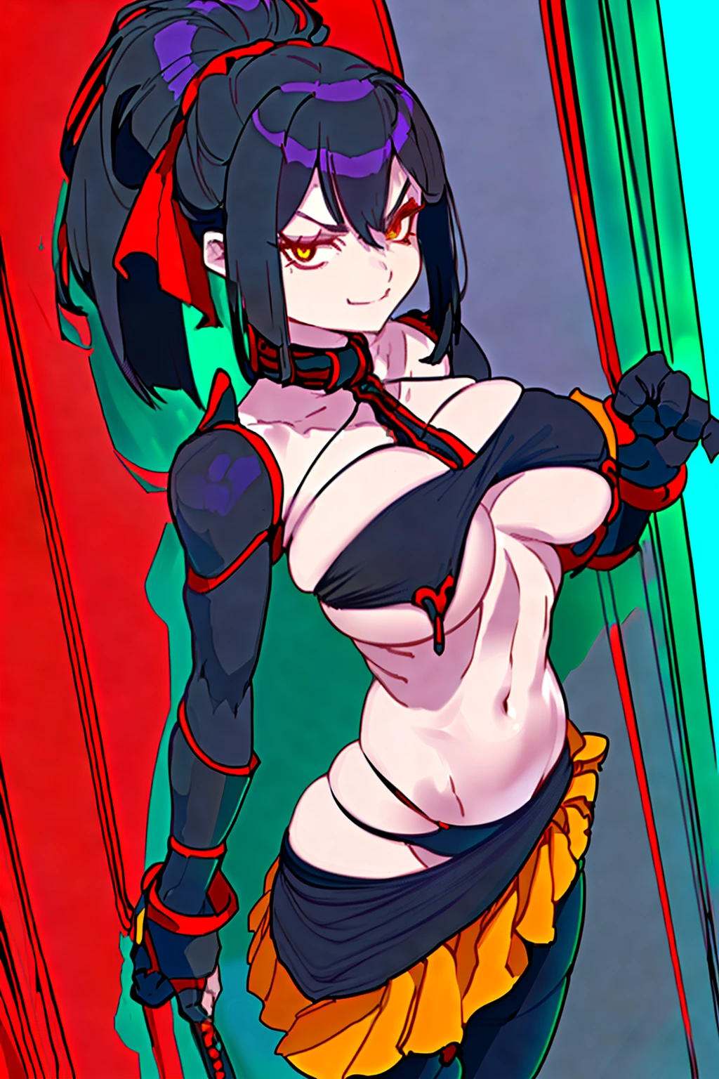 Anime - a stylistic image of a woman，Wear a black bandeau，Black skirt and red apron, Katana Zero video game character, Anime Gothic Girl, Vampires, Main character, black and reddish color armor, dressed in crustpunk clothing, Female protagonist，Yellow glowing eyes，Black belt with gold buckle，Black gloves，Black and red scarf，8K，musculature，Hair tied up，Black and red flags，bandagens，Scars on the stomach，A teasing smile，robotic hand，Mermaid line，musculature，Hold on to the wall，Ambiguous eyes，shadowing，High-fork panties，Be red in the face，huge tit，over knee socks，Excitation