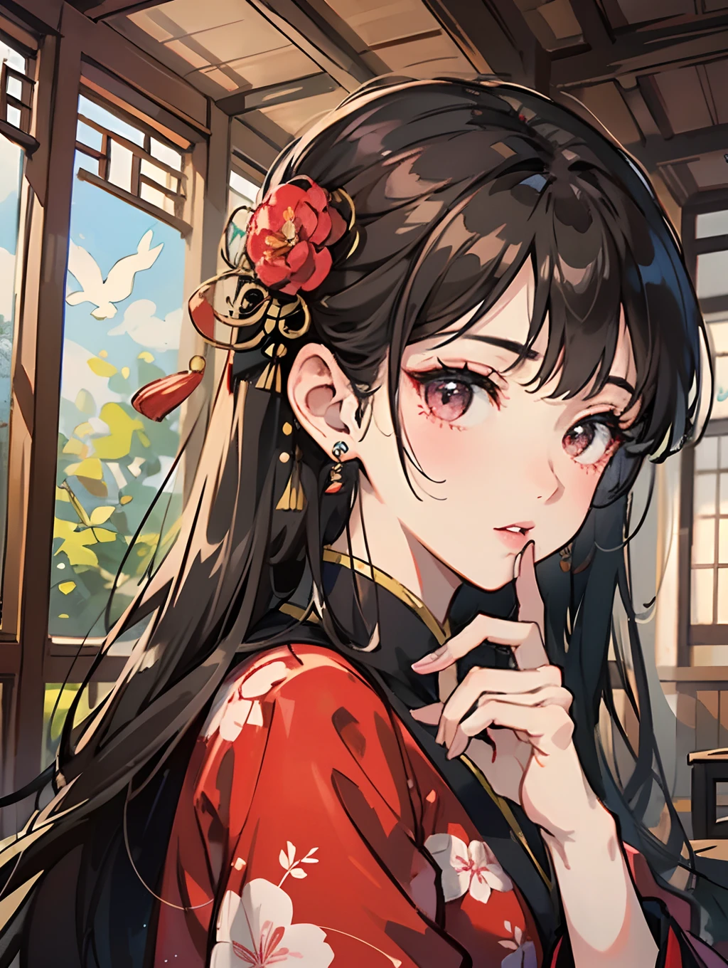 master-piece,hyper quality, hyper detailed,perfect drawing,独奏、Beauty in the world、komono、Japanese dress、A dark-haired、Japanese hair、Half-open lips、sidelong glance、graceful、gorgeous、Beautiful、red blush(0.2)、dazzling、Stunning、gorgeous、Gentle、Shunguang、natural soft light、Flowers and Birds Fugetsu、traditional Japanese room、The gesture of applying lipstick with the index finger、Accurate drawing、Detailed drawing、  Detailed scenery of Hong Kong