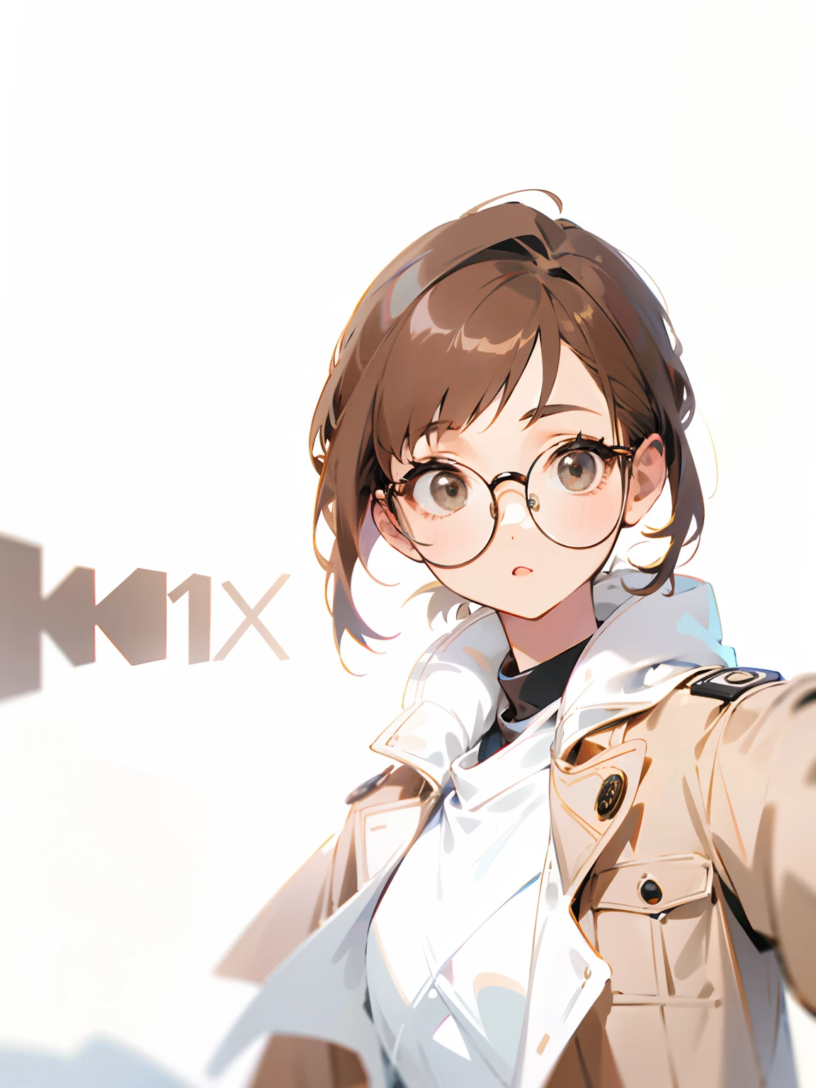 1 girl, wearing round glasses and a coat with brown and white intervals