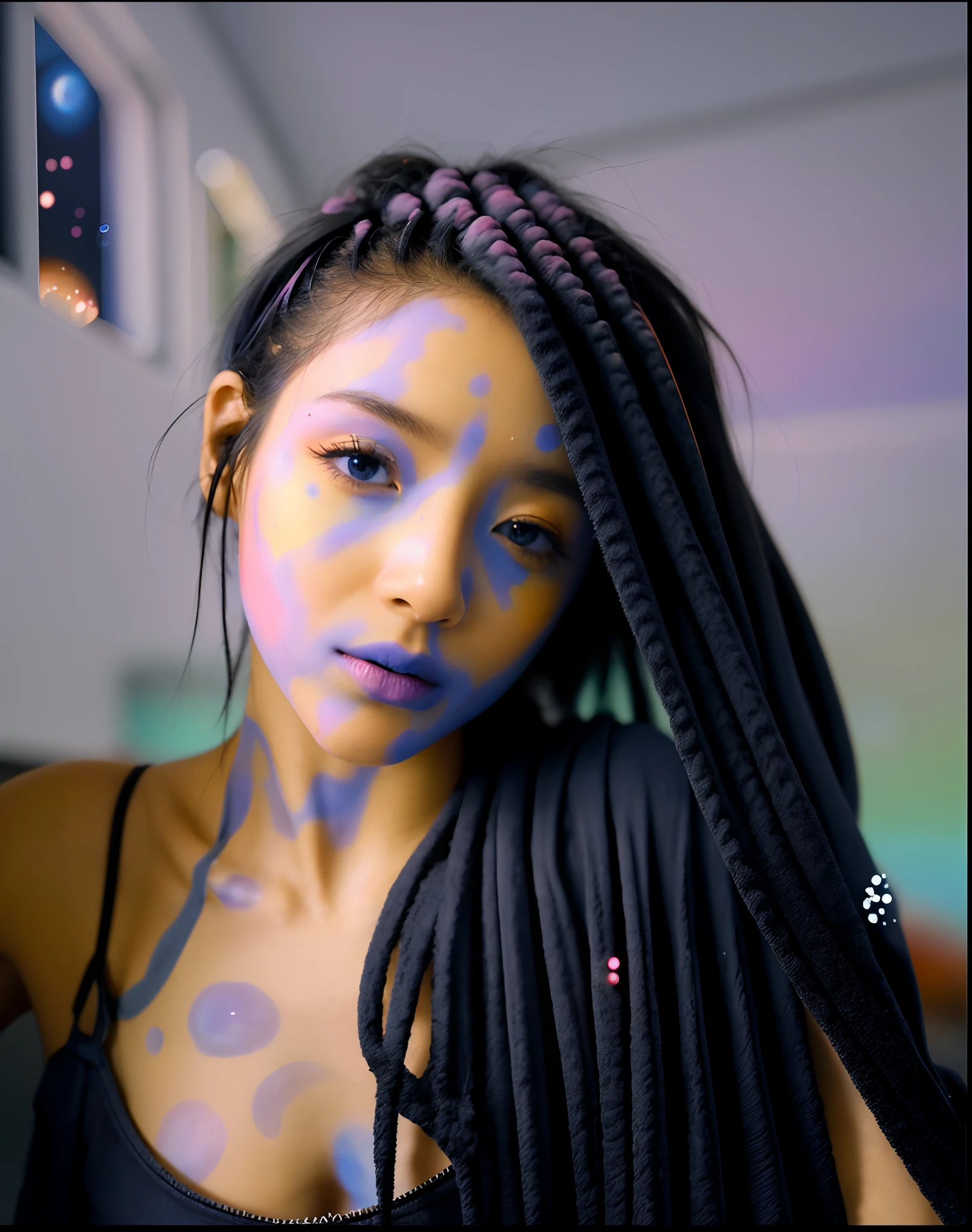 Crie arte inspirada no universo com os olhos de nebulosas e planetas realistas ao fundo com efeitos de nebulosas, como se fosse uma deusa negra de pele clara com o universo ao fundo