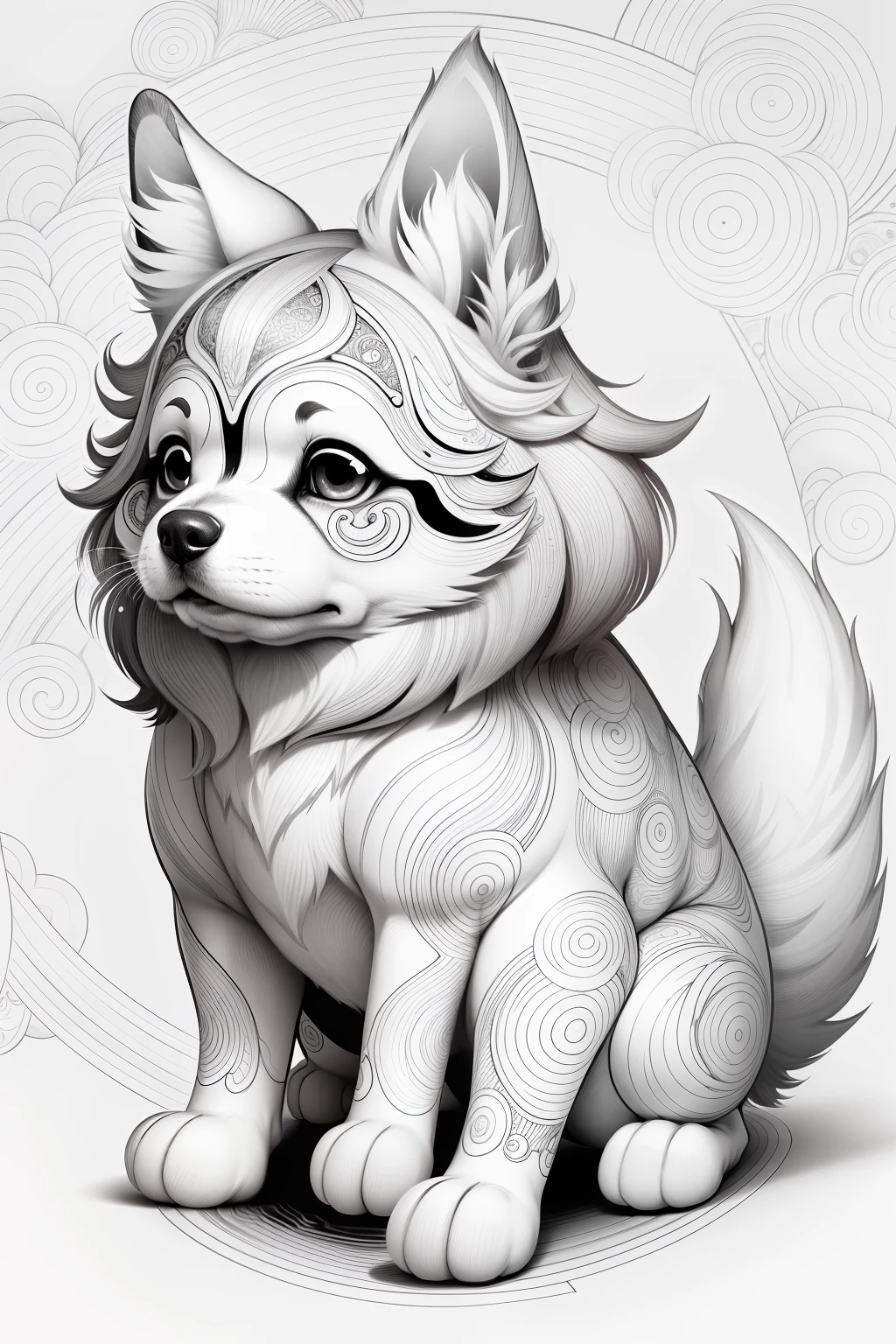 dog, kawaii style dog, fantasy, magical, mystical, unusual, black and white, wavey lines, realistic line art drawing, coloring book page , no noise, crisp thick lines, outline art, centred image, isolated on a white background