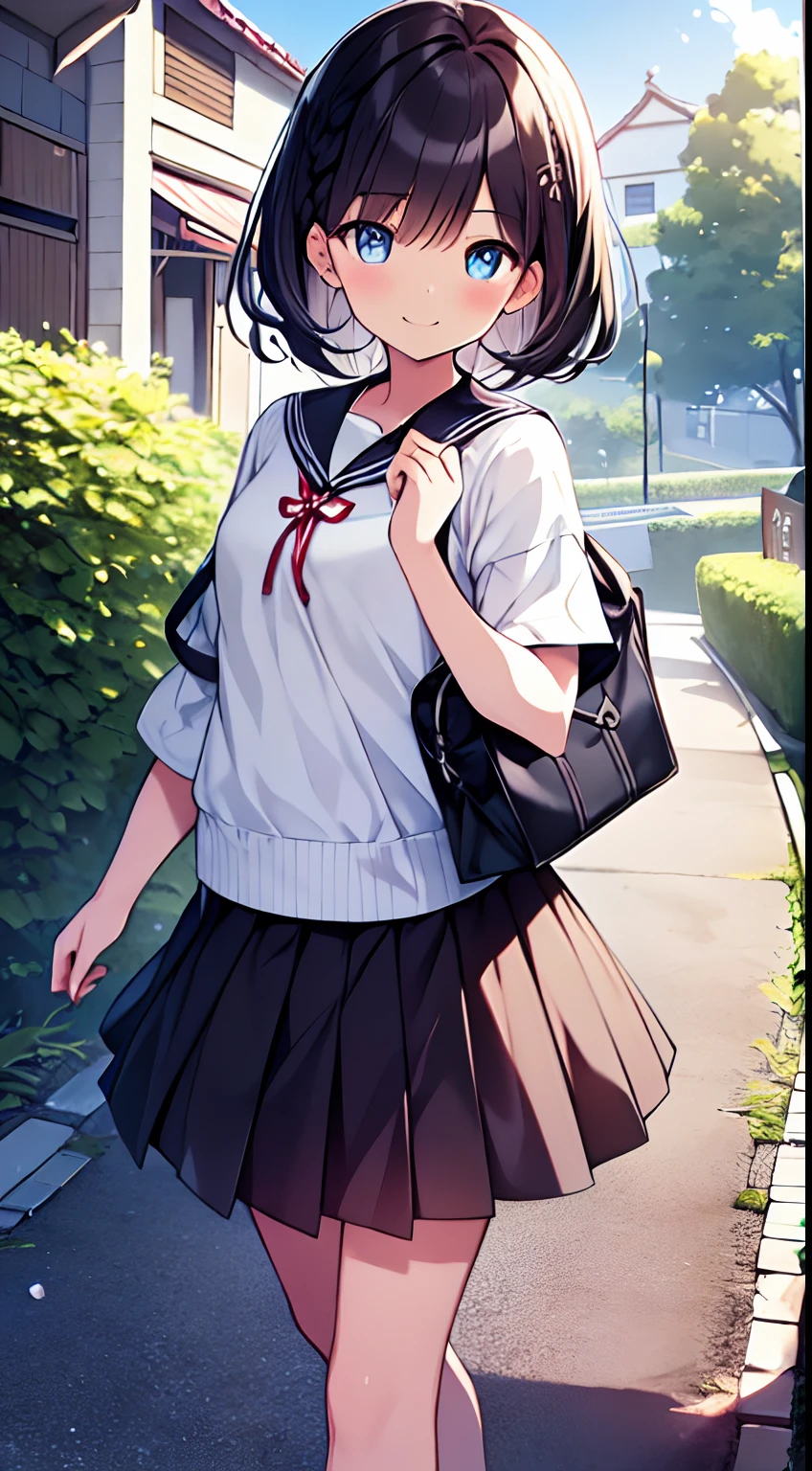 masutepiece, Best Quality,Illustration, Wallpaper, Ultra Detail, 1girl in,Solo,Beautiful detailed eyes,Very thick contour lines、Medium Short-Cut Hair、Short, Braided hair、(student clothes)、Dark hair color、A refreshing smile、Walking next door、Kamimei、Overlooking angle:1.2、small head