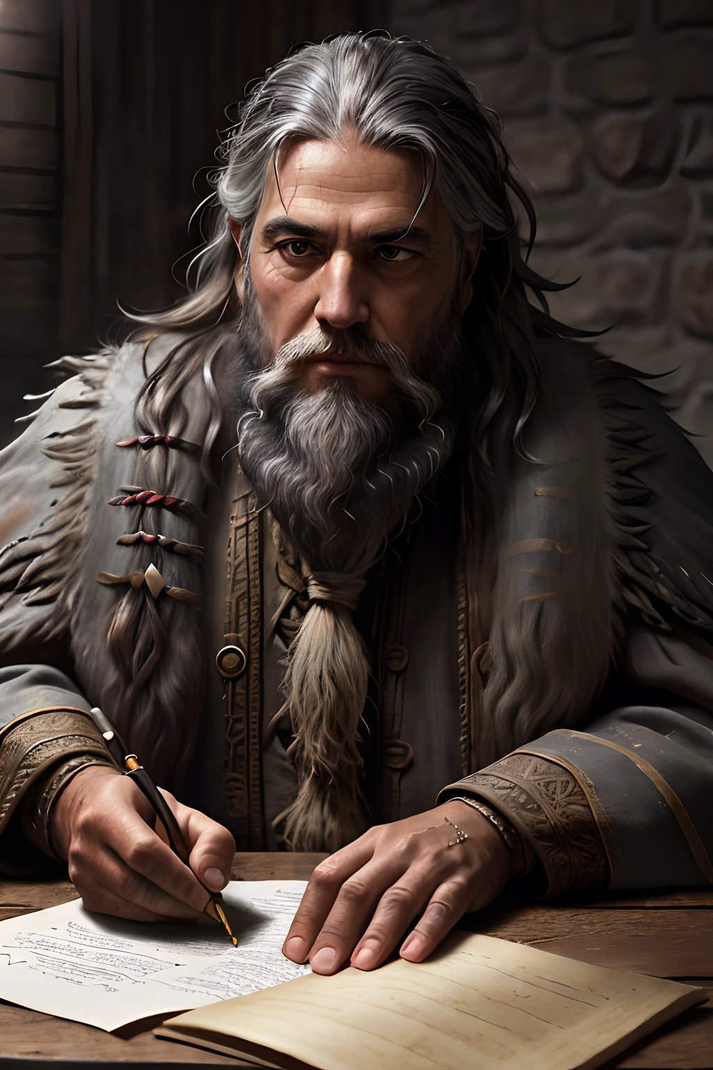 close up of 1 man, old, of Moroccan descent, wizard sitting by a wood table writing with a quill on a parchment, beautiful face, wrinkled face, dark_stichted_cloak, (dramatic lighting:1.25), (shadowy background:1.2), (dirty_ unkempt_gray_hair:1.2), (long_shaggy_beard:1.3), (faded colors:1.1), (sharp focus:1.1), (shadows:1.2), (subtle HDR:1.3), (realistic skin texture:1.25), (detailed hair:1.2), (gritty texture:1.1), (cinematic look:1.2), (powerful pose:1.3), (blush:0.5), (goosebumps:0.5), subsurface scattering, detailed_grey_eyes