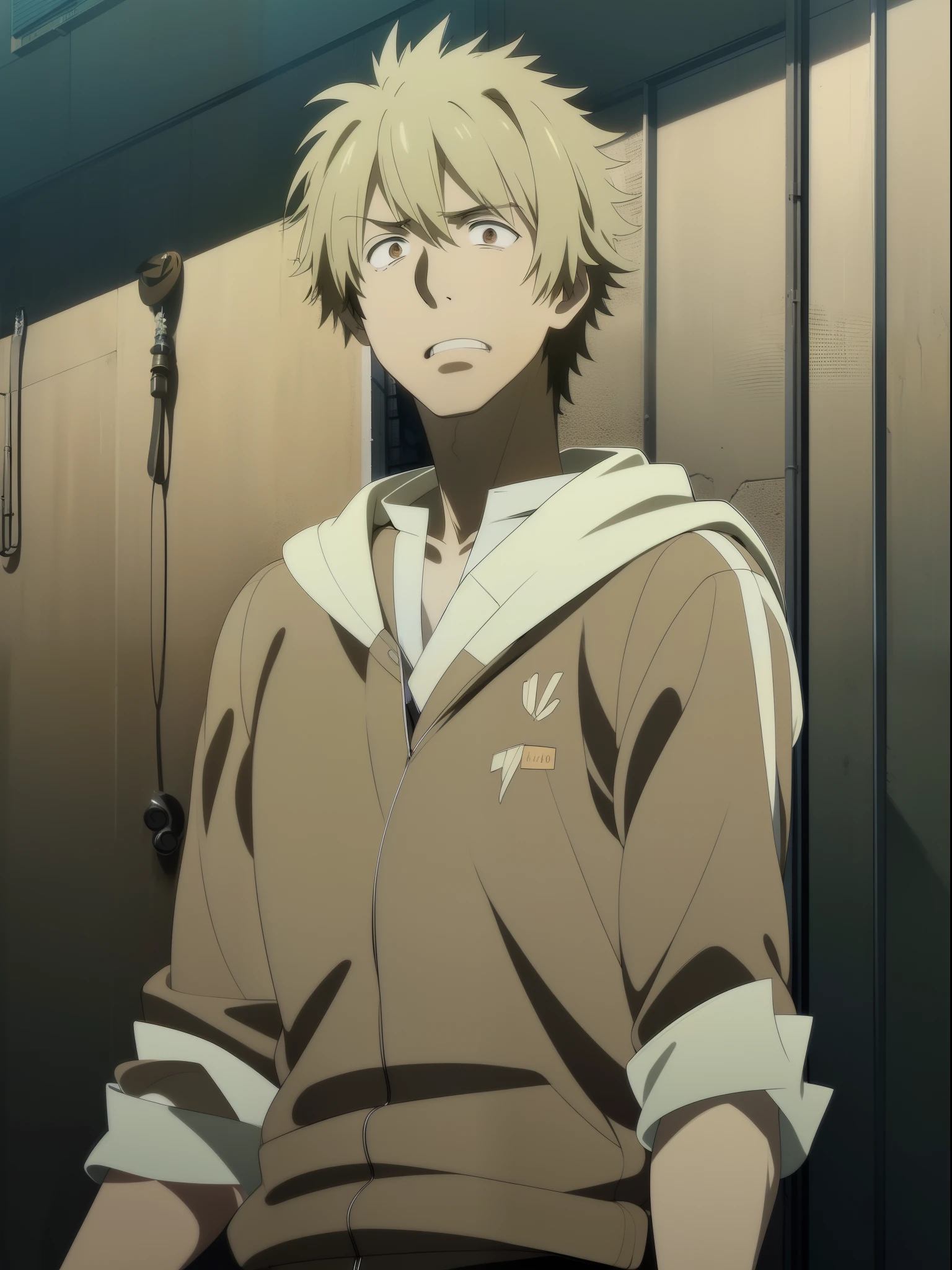 gangster,expressionless,angle from below,shadow on face,upper body,looking at viewer,robust,1boy, blond hair,short hair,brown shirt,
((((((((masterpiece)))))))), best quality, highly detailed, extremely detailed CG unity 8k wallpaper,illustration,sfw,
indoor,((((abandon factory)))),(at night),spotlight,(((grey background))),(grey wall),(night),