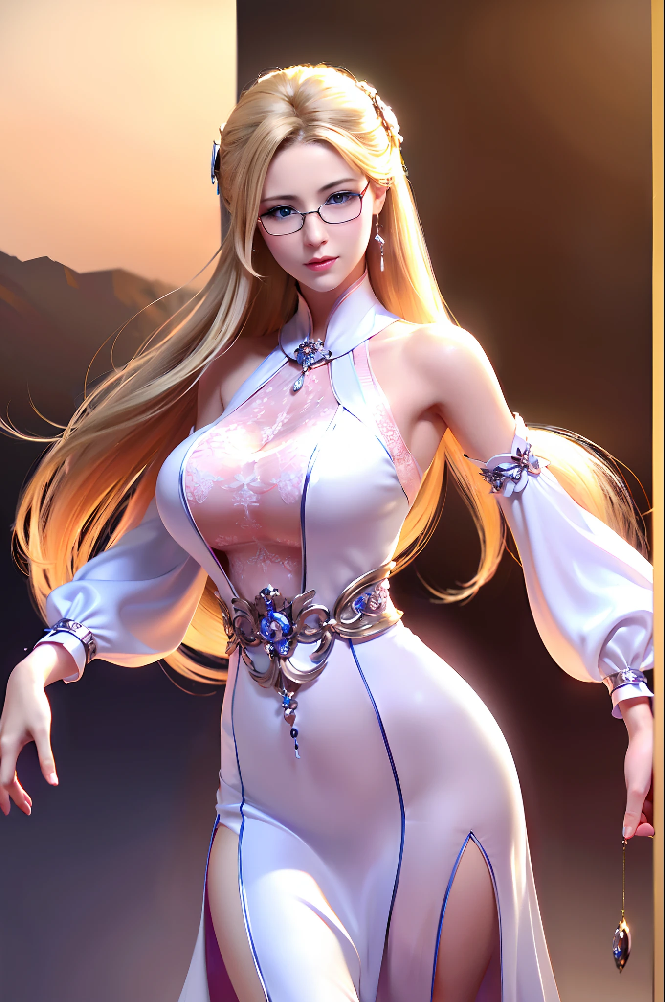 ((realistic lighting, top quality, 8K, masterpiece: 1.3)), no one's train, very beautiful woman. Delicate face. She looks like she is showing off her body, 40k, photography, masterpiece, best quality, dark gray background, ((1 girl blue eyes and gorgeous light blonde curls, she wears glasses on her beautiful face, pink long dress, thin white shirt she is about to take off, big hard ,)), big ass full breasts until waiting to be worn, various poses. ((:1.3)), ultra-detailed face, detailed eyes. Shaved bread, various poses,
