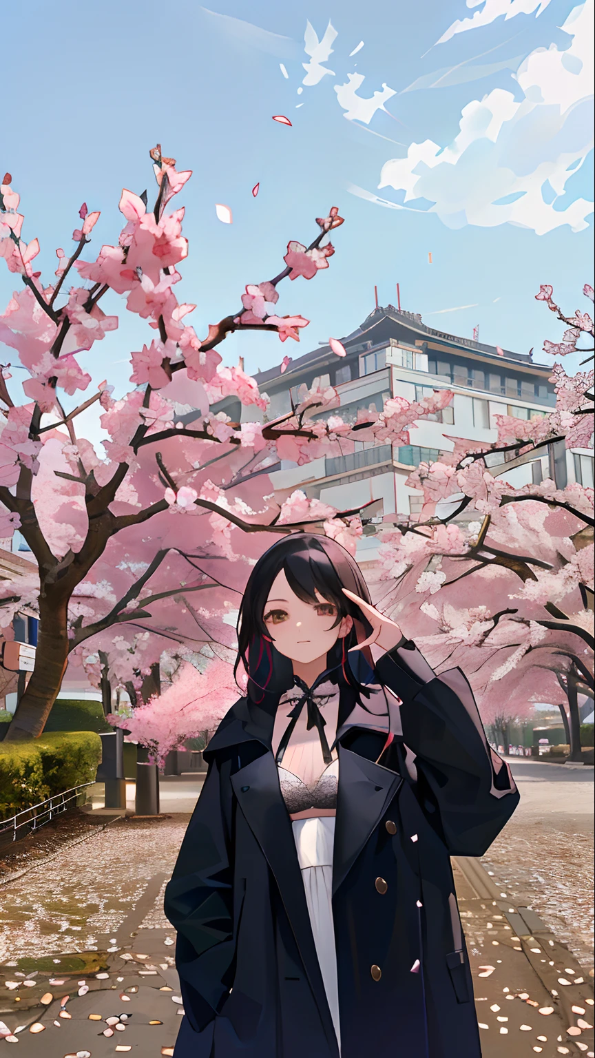 A woman in a black coat stands in front of a tree, white under lingerie,Scissor gesture,cherry tree in the background, sakura season,Building building
