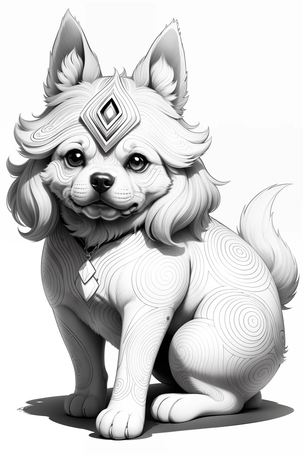 dog, kawaii style dog, fantasy, magical, mystical, unusual, black and white, wavey lines, realistic line art drawing, coloring book page , no noise, crisp thick lines, outline art, centred image, isolated on a white background