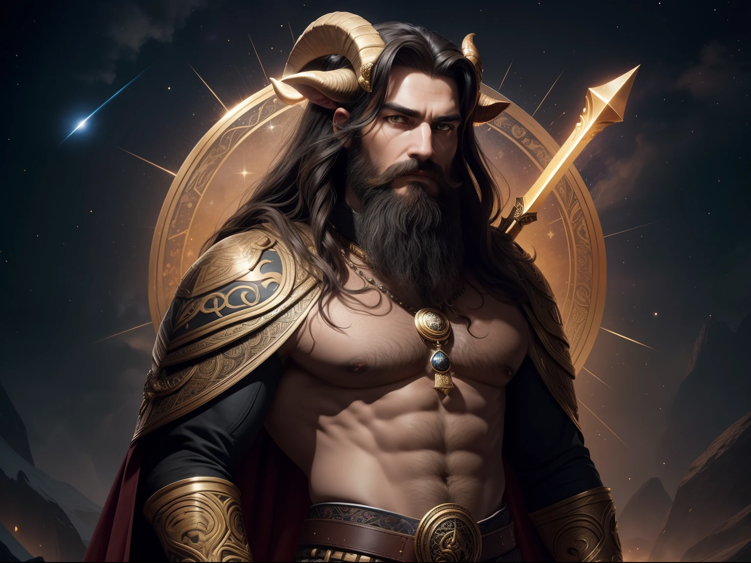 Realistic waist up portrait of a Coeus, the Titan of intelligence and cunning, bears majestic ram-like features in his anatomy, with twisted horns that reflect his connection to Aries. His enigmatic face displays shimmering eyes and an imposing beard. His dark, long hair flows like the night. He wears starry robes that change color with the stars and wields a scepter adorned with cosmic symbols. At his waist, a belt woven with threads of wisdom holds a lunar dagger. In a celestial setting, he walks among constellations, personifying the power of intellect in the cosmos.  ((masterpiece)). Professional photo, waist up photo, ultra sharp focus on the woman. RAW analog photography, 80mm f2.8 lens, best quality, ultra detailed, 8k, intricate details, minute details , details depiction, realistics details,