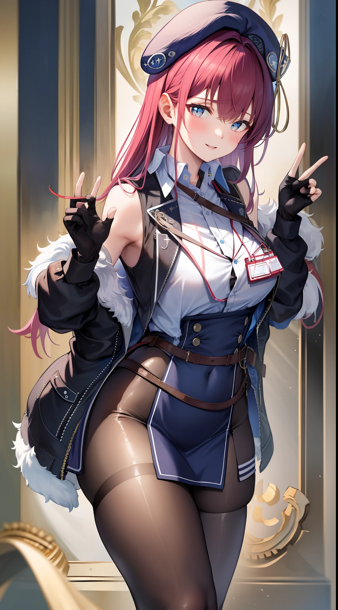 ((Masterpiece)), (Best Quality), marine_beret, Collared Shirt, Sleeveless, High-waisted Skirt, Pantyhose, Blue Jacket, Fur Embellishment, Fingerless Gloves, ID Card, (NSFW: 1.5), Full Body, Solo