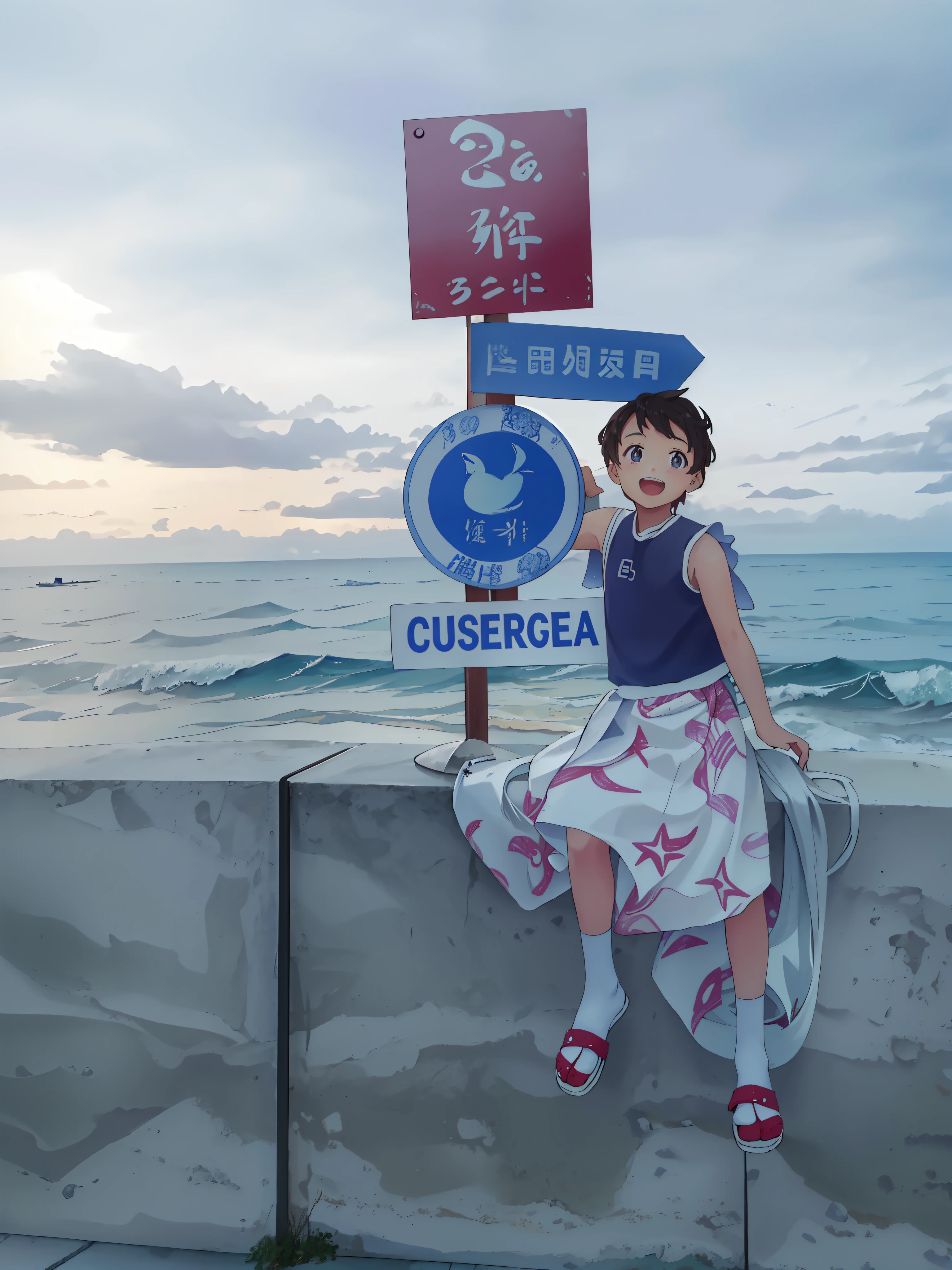 "On the wall by the sea sat a little girl with long hair,Wearing Mu Yanling's costume, Queen of the Sea,Have by the sea,The photo was taken on 2020。Someone stood near the beach,We could see the sea,There is also a sea goat next to it。Nearby are rough waves,Chen Xintong also stood by the sea,long whitr hair,Pubic area is clear,happy laughing,The arms are clear