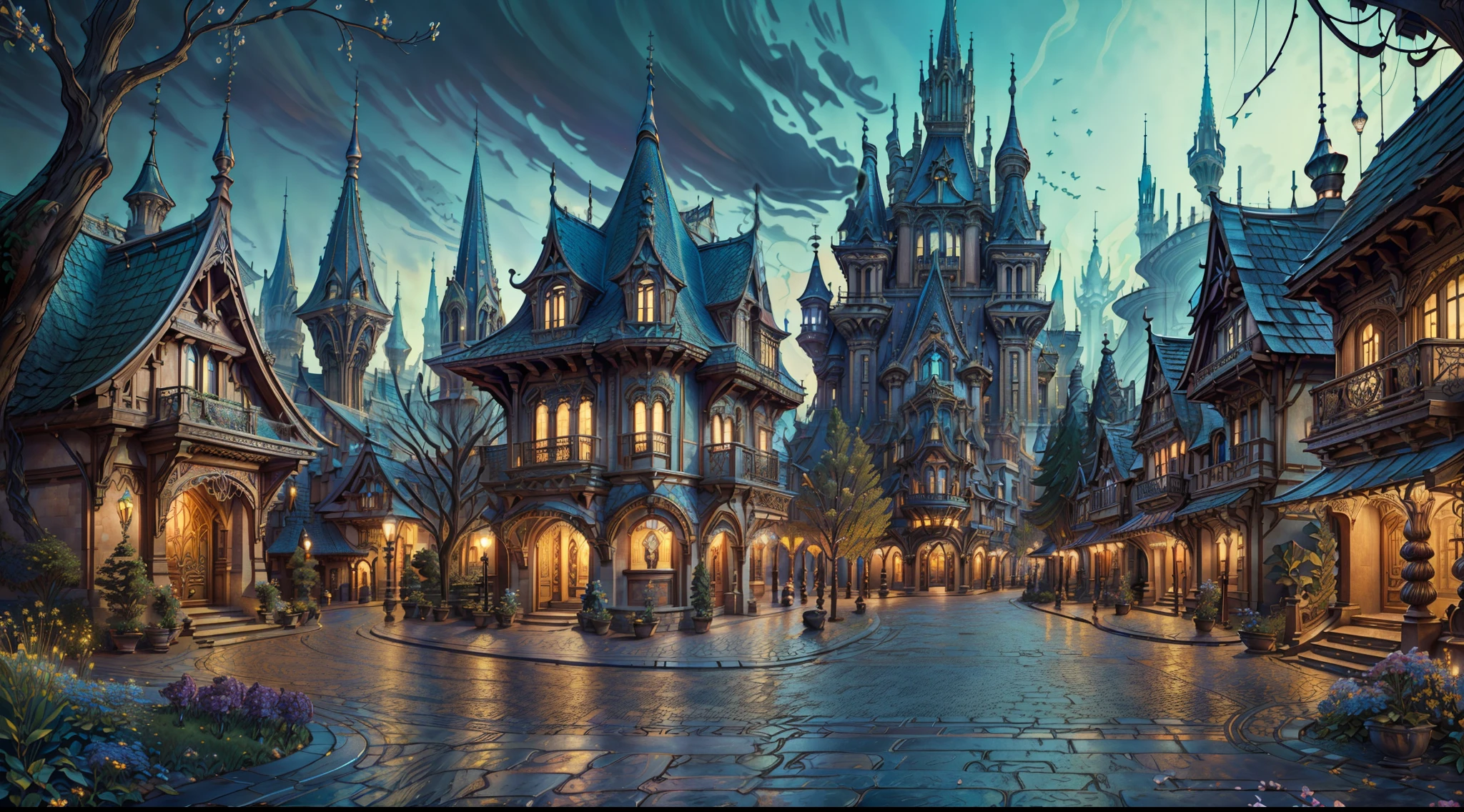 "picturesque town square, breathtaking architecture ((Art Nouveau style)), ((paved street)), charming, enchanting magical fantasy ambiance, (masterpiece), (best quality), (ultra-detailed) beautiful surroundings in the background, many flowers and trees, insanely detailed and intricate, hypermaximalist, elegant, ornate, hyper realistic, Cinematic Lighting, Side-View, scenery"