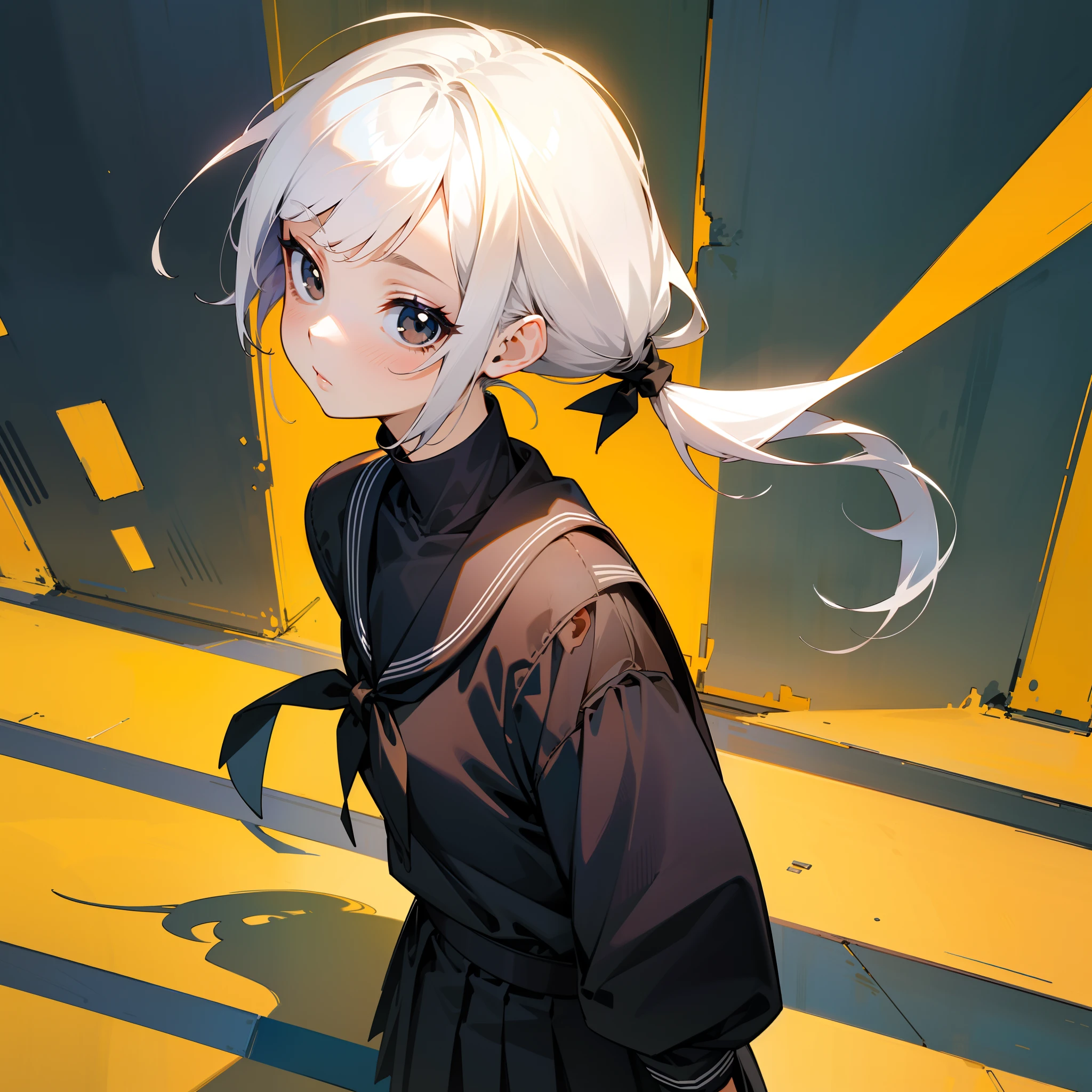 MKSKS style, (Very detailed background:1.0), (highly detailed back ground:1.0), 1girll, full_Body,,frontage,Masterpiece, Best quality, (1girll, Solo, Girl:1.2),,White hair,Best shadow,Upper body,Black eyes,low tied hair,Low ponytail,school uniform