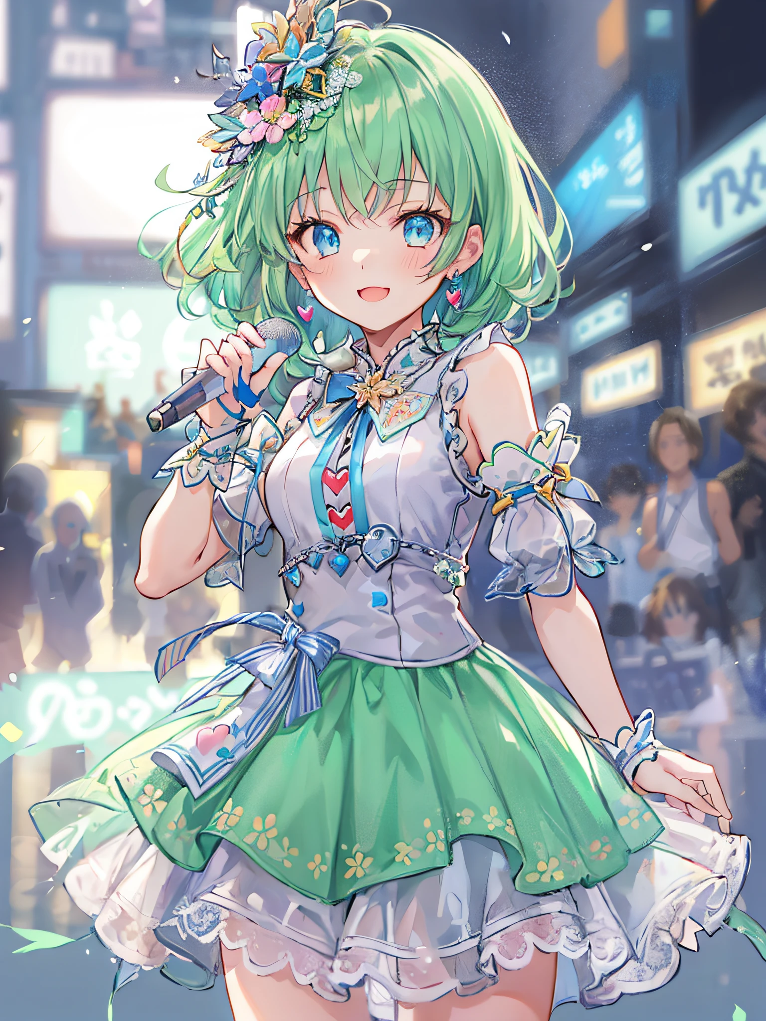 a girl is top idol, cinematic light, high resolution, best quality, ultra detailed, detailed face, (detailed eyes), highest quality, super detailed, masterpiece, (detailed face), pretty face, best smile,  mature woman, (ultra-detailed embroidery and ribbons, idol costumes:1.5), (Sleeveless dress:2), (high waist Skirt with plenty of ruffles and lace:1.4), (Elegant idol costumes:1.2), high heels, blue eyes, pale green hair, short hair with outer honey, neon small shiny hair ends, AI fantasy concert, shining lighting with neon details, idol, (live stage:1.15), singing:3, scream, (to the crowded audience in the background), reflection of light, heart-shaped iris, playful eyes, open shoulders, small shining butterflies, hair jewelry, panties that can be seen, wind, Underwear that can be shown