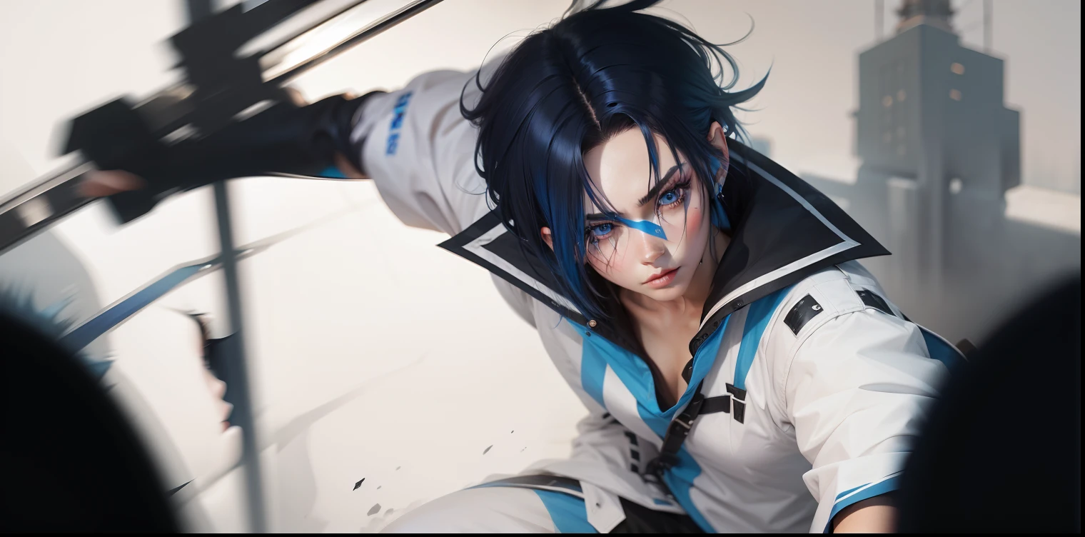 Black and blue hair,Deep blue eyes
