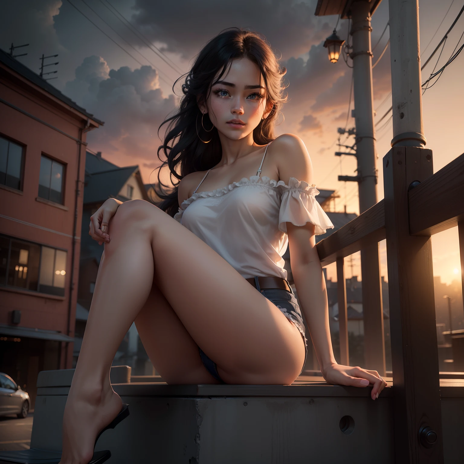 (8K,best qualtiy,tmasterpiece:1.2),(realisticlying,realisticlying,Photorealsitic:1.37),1girll,Hyper-detailing,beatiful detailed eyes,Beautiful detail nose,white tee,Ruffled shoulders,Bare shoulders,Full body photo,seductiv,((sit a chair)),On the rooftop,railing,Small town,tower,utility pole,plant,Front lens,nigth,the night,Dark storm clouds,the setting sun,White skin of the,(Opening legs:1.5),Bust Photo