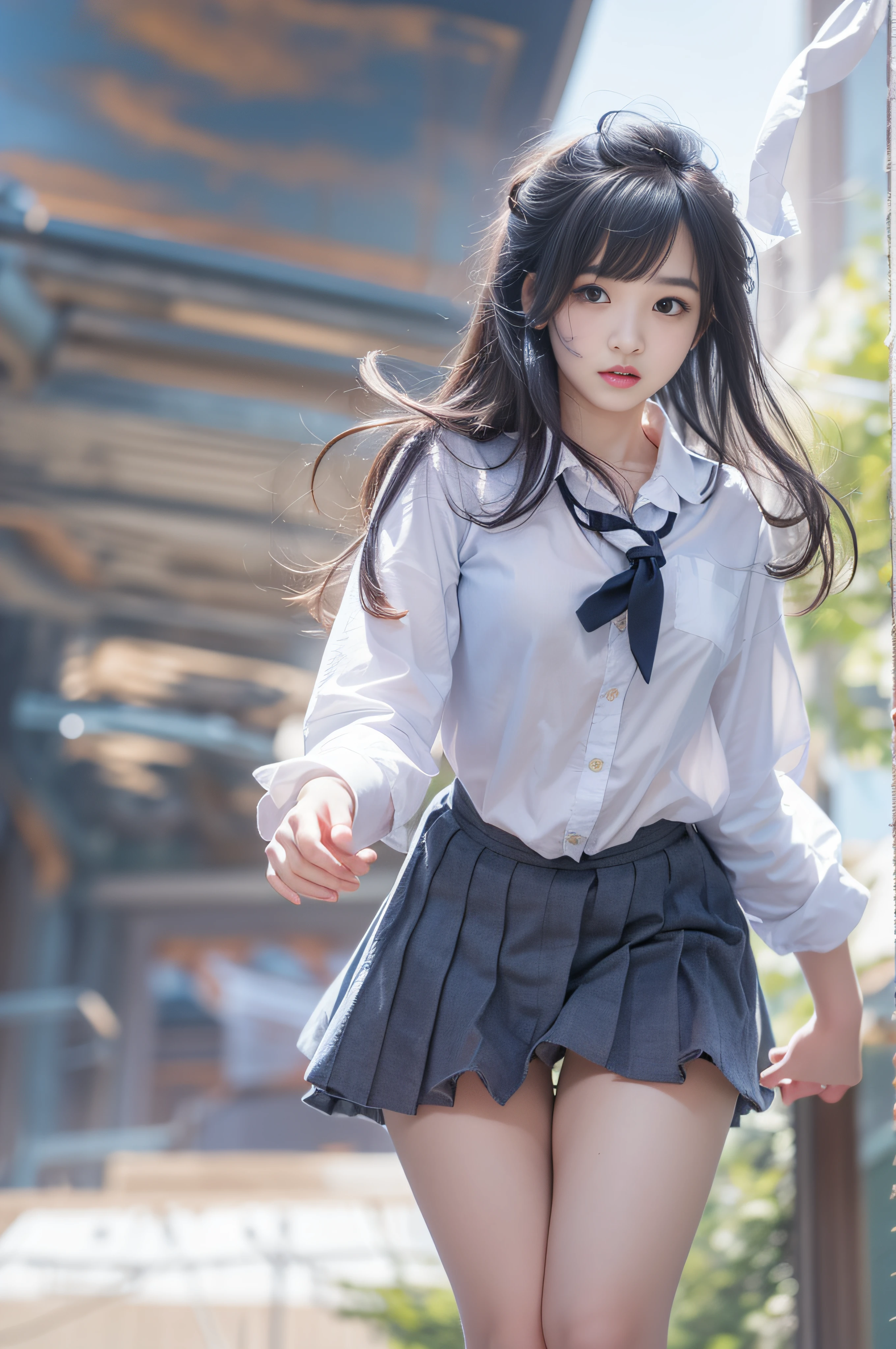 Raw photography:2、 Highest Quality、 realisitic:2、Photorealsitic:2、masterpiece、extremely delicate and beautiful、finely detail、ultra-detailliert、hight resolution、Textured skin、1girl in、(Solo:2)、(Alone:2)、Japanese high school girl、18year old、(From thigh up)、(beauitful face:1.5)、Adult face、tall、middlebreasts、Brown Long Hair、high school summer uniform、(darkblue miniskirt)、White short-sleeved shirt、neck tie、(Bare legs:1.3)、(Black loafers:1.2)、(white panties:1.3)、(Sky from below:2)、heavy wind