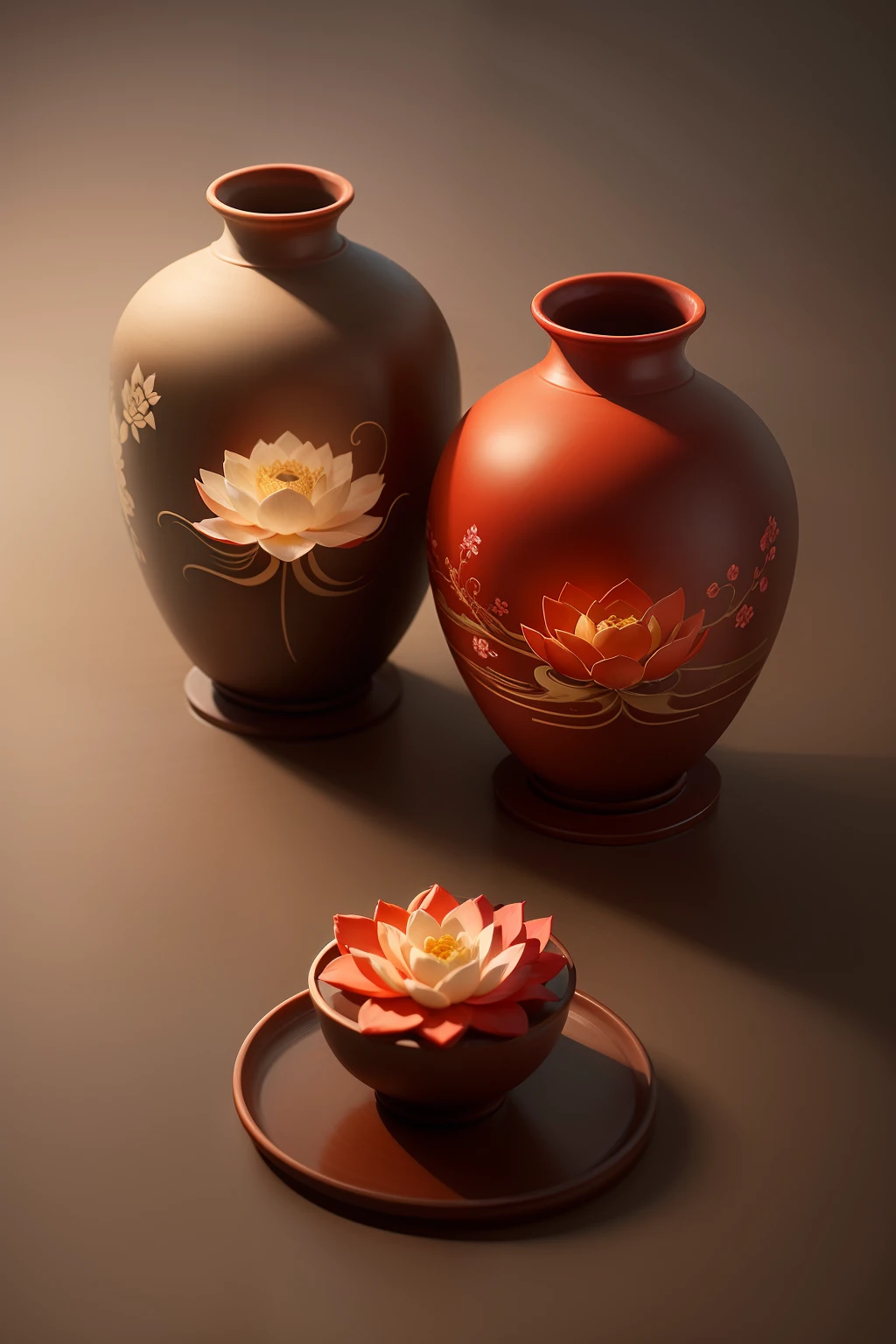 Ceramics of Chinese artistic conception，Chinese red，lotuses，Elegant background，Simple atmosphere，Unusual，Delicate and authentic,Different shapes of jars，vases