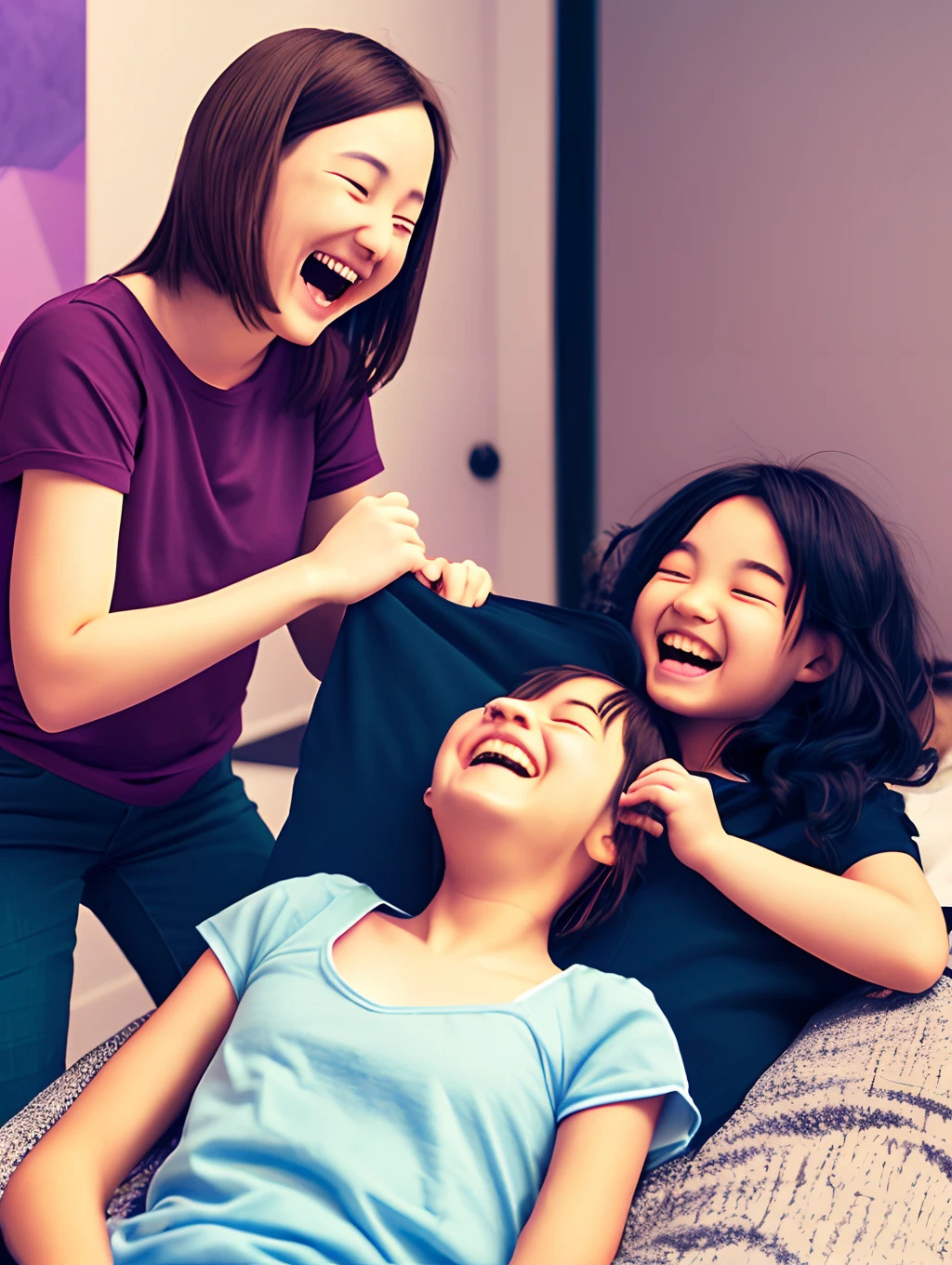 A beautiful-looking two-dimensional girl is being tickled by others