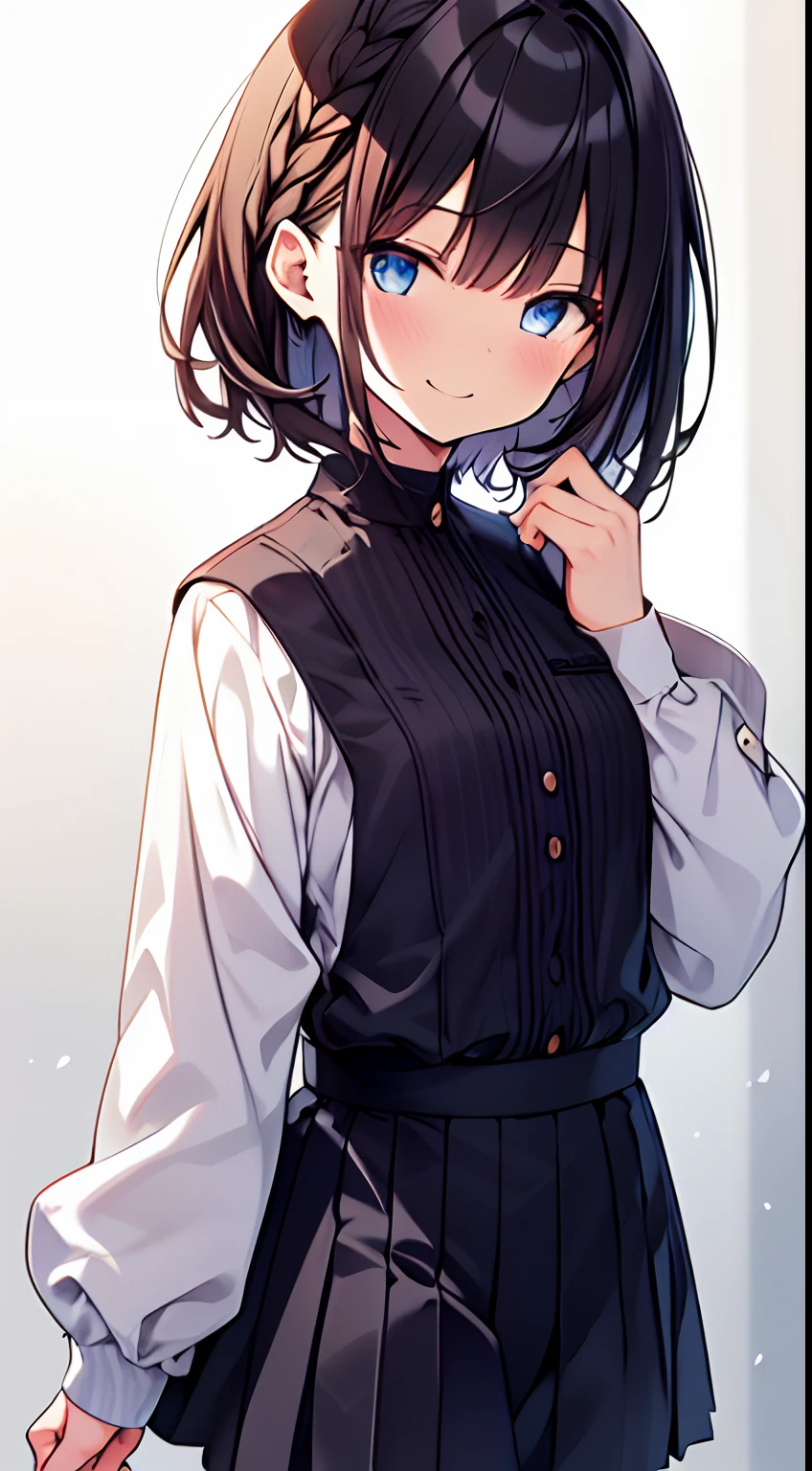 masutepiece, Best Quality,Illustration, Wallpaper, Ultra Detail, 1girl in,Solo,Beautiful detailed eyes,Very thick contour lines、Medium Short-Cut Hair、Short, Braided hair、(student clothes)、Dark hair color、A smile、Walking next door、Kamimei、Overlooking angle:1.2、small head