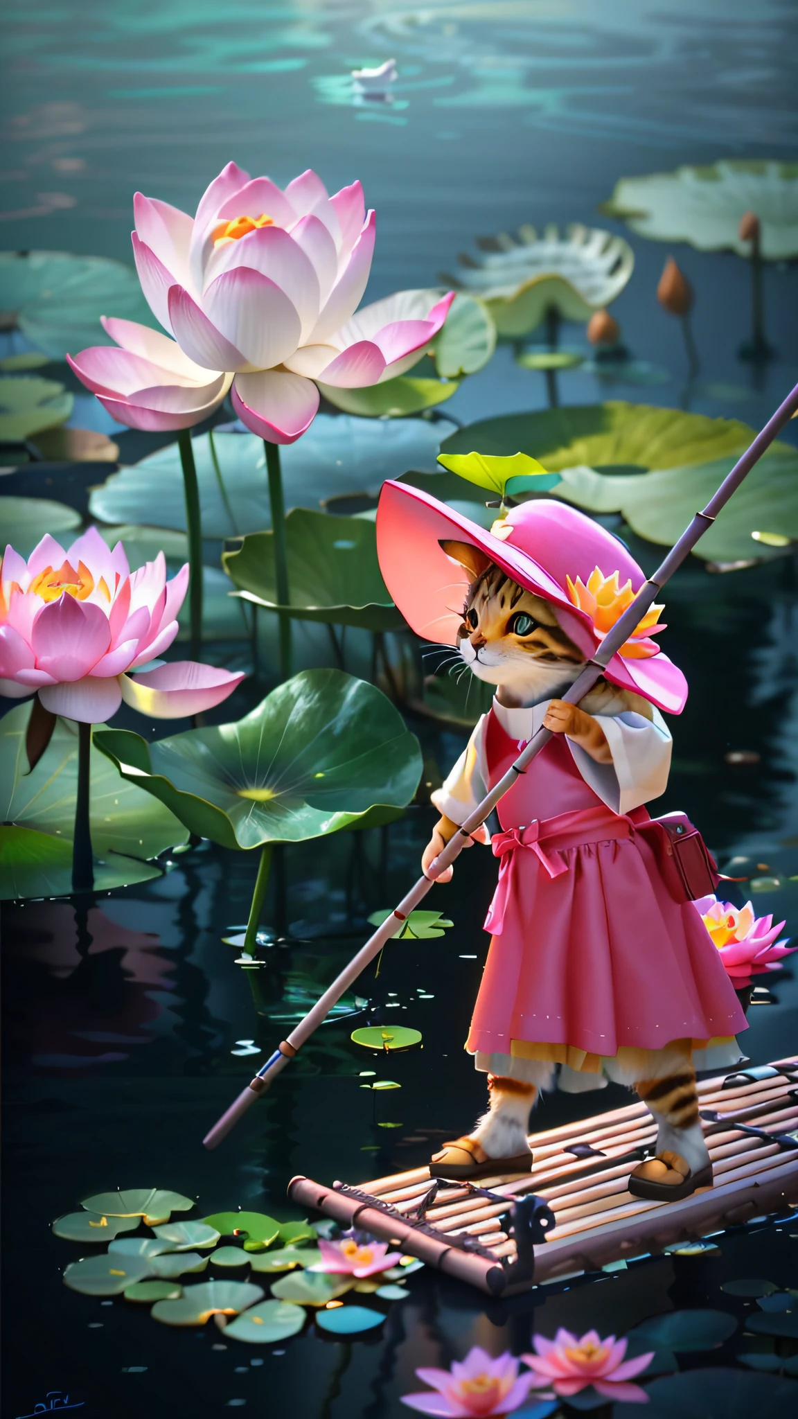 There is a cat standing on a raft in the water, lovely digital painting, Cute detailed digital art, childrens art in artstation, fantasy matte painting,Cute, Guviz-style artwork, 🌺 CGSesociety, digital painting highly detailed, standing gracefully upon a lotus, cute 3 d render, highly detailed digital painting, 3 d render stylized