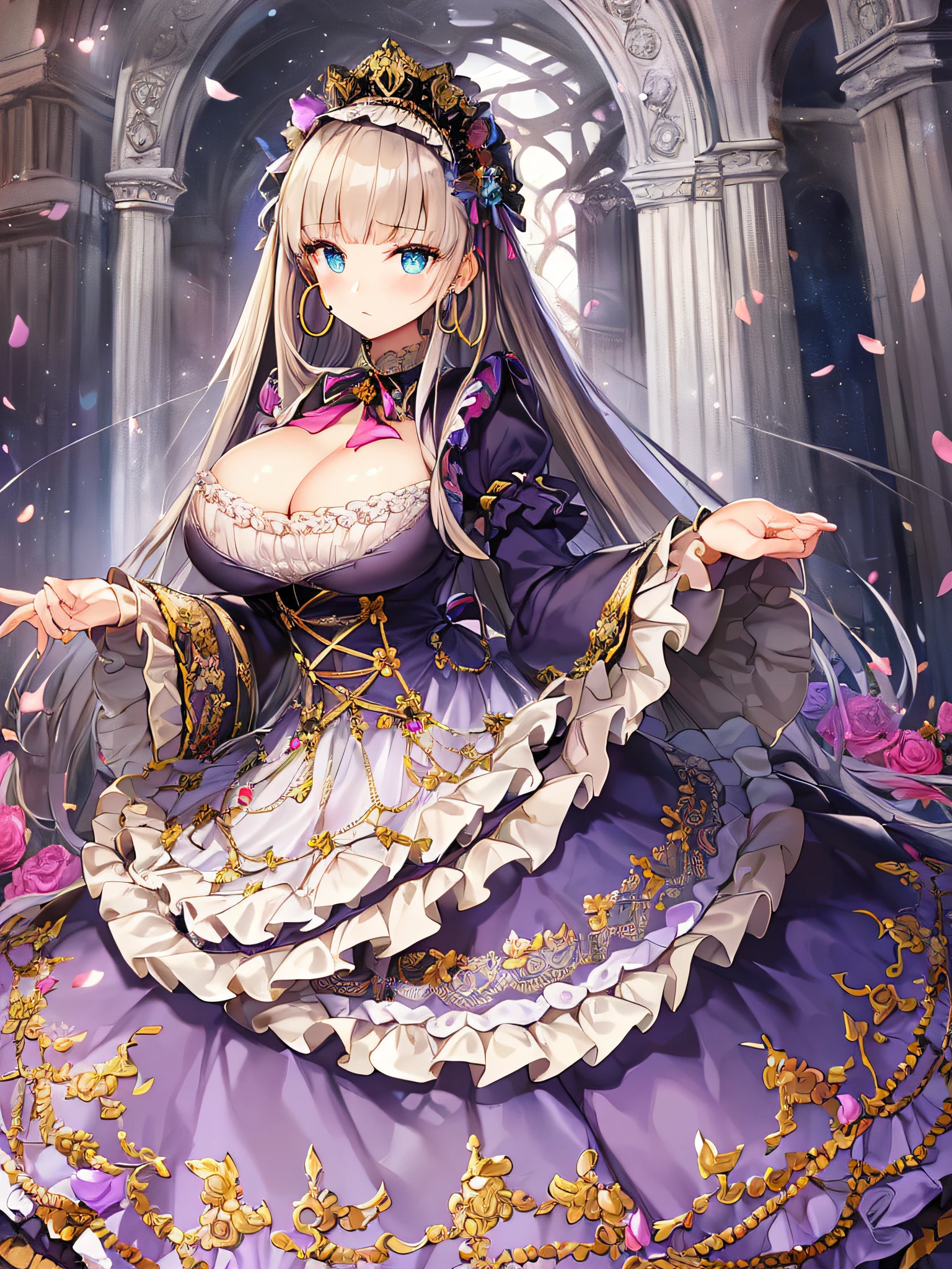 ((anime artstyle)),(Masterpiece),(Best Quality), (Super Detail),((Very Delicate and Beautiful)),(((Solo))),((full‐length portrait )),(((1 princess in sweet ta dress with voluminous full length hoop skirt))),((standing in fashion boutiques)),Long train,(bling-bling gorgeous gemstone jewelry),detailed face and eyes,jewel-like eyes,((large amount of straight hair,extremely voluminous Very Long Straight Hair)),(((gorgeousfull embroidery and lace))),((gigantic tits,Long tits)),cleavage,gorgeous corsage,See-through,((extremely gorgeousfull loliair ornament)),bling-bling extremely gorgeousfull jeweled tiara,ornate ruffles,beautiful embroidery,(hoop skirt,crinoline),flowers, flower petals flowing,((Dynamic Angle)),Looking at viewer,((full body)),(((sweet lolita d with voluminous full length hoop skirt)))