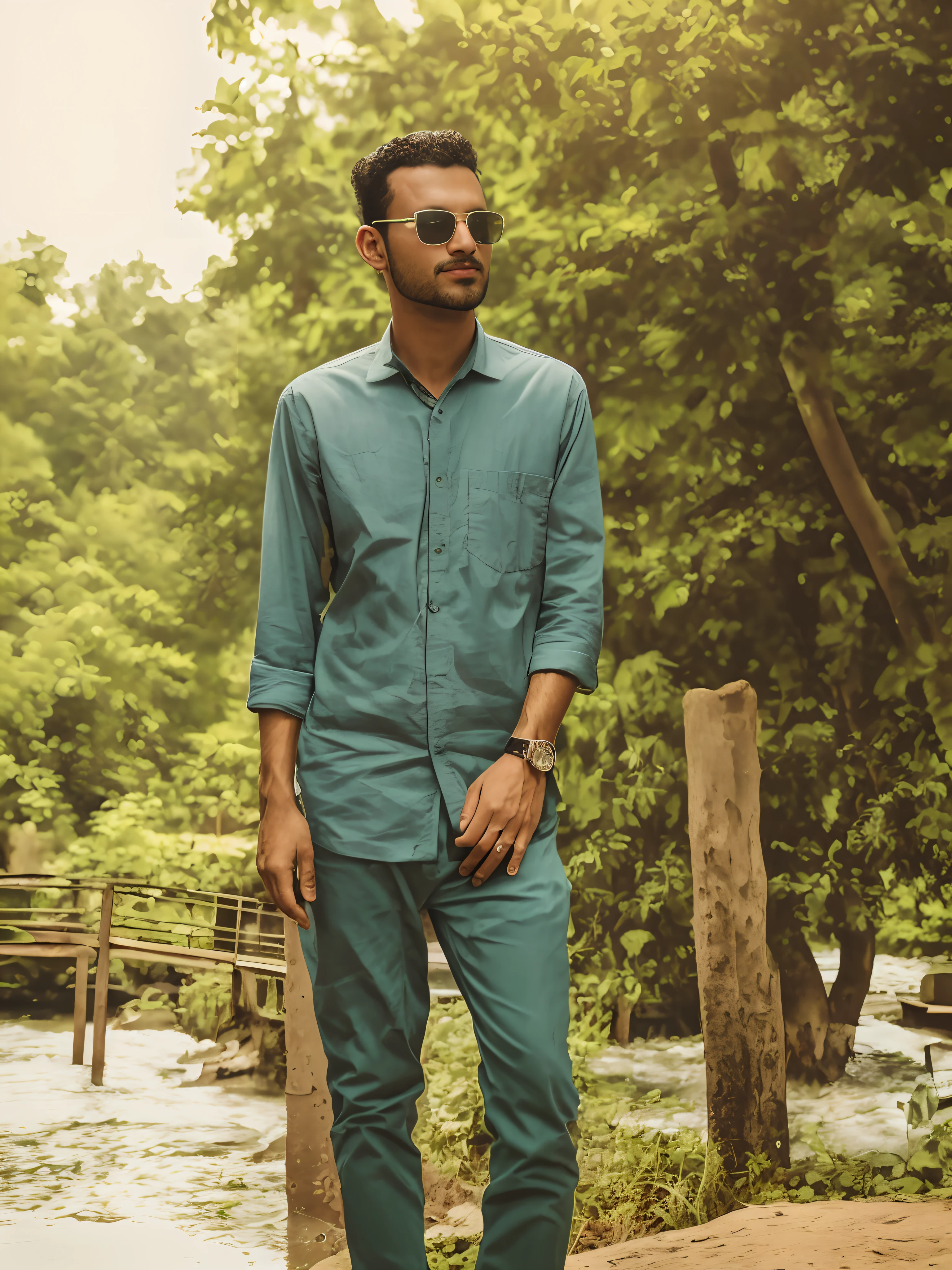 arafed man in sunglasses standing on a sidewalk next to a pond, with a cool pose, mohamed chahin style, jayison devadas style, full body photogenic shot, in front of a forest background, with accurate face, jayison devadas, riyahd cassiem, full body picture, cool pose, candid picture, casual photography, casual pose