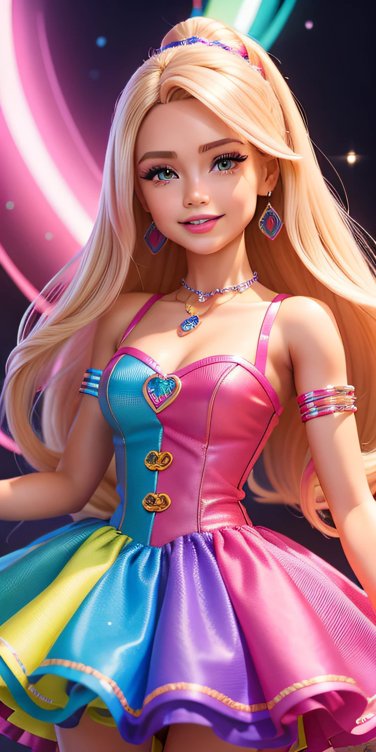 Uma foto de MSE uma mulher barbie, expression joyful, Cabelo loiro bonito movido pelo vento, vestido movido pelo vento,design luminoso, pastels colors, gotas de tinta, Luzes de outono,joias, colar, braceletes, brinco, ( cabelo loiro: 1.1)