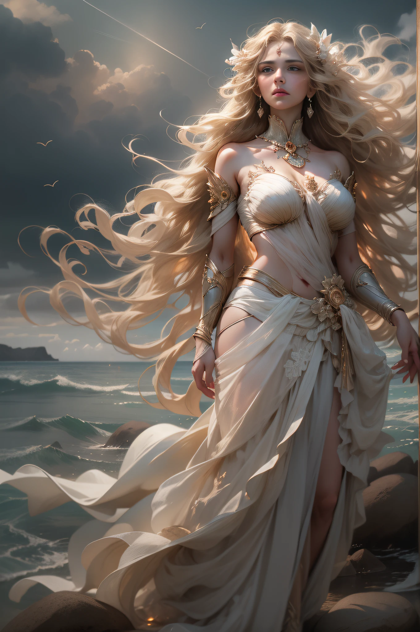 full body shot of, venus goddess, Roman goddess of love and beauty, Beautiful and delicate facial features, From the sea appeared on a huge shell。She stood gracefull, Long flowing blonde hair, Eye level shots, Sony FE GM, Chiaroscuro, Cinematic lighting, speed-line, Vignetting, god light, hyper HD, Anatomically correct, Masterpiece, Textured skin, Best quality, A high resolution, 8K