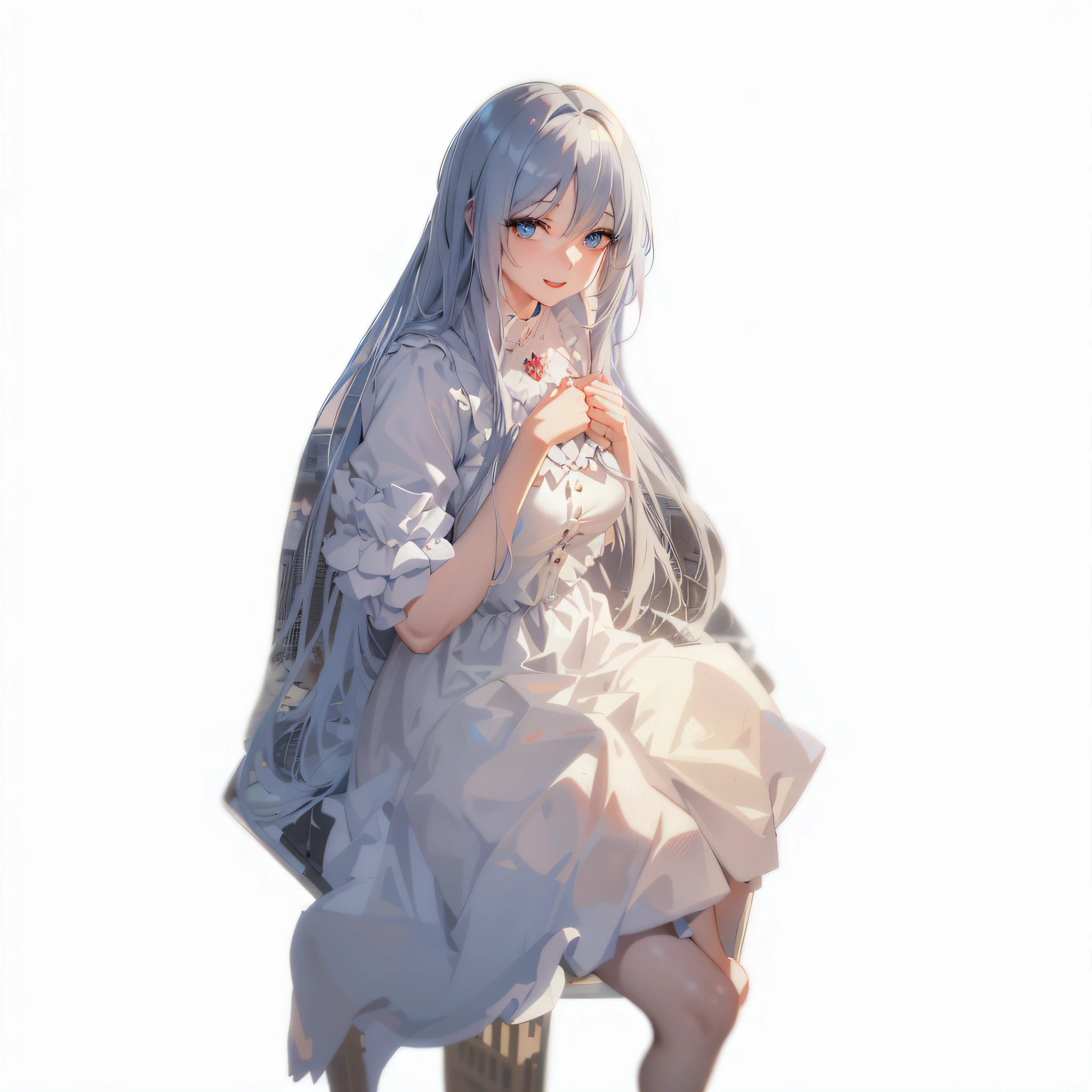 Anime girl with long white hair and blue eyes sitting in a chair, Anime girl with long hair, cute anime waifu in a nice dress, in dress, pale young ghost girl, Girl with white hair, Guviz, up of young anime girl, Cute anime girl, Anime moe art style, Beautiful anime girl, style of anime4 K, An anime girl,rays of sunshine,baiyun,Detailed clouds,Slender,Cute big breasts and big buttocks,Toothy laughter,((Laugh and open your eyes)),scenecy,Long straight hair, sexy facial expression, buliding, (Cityscape:1.7), Dynamic hair