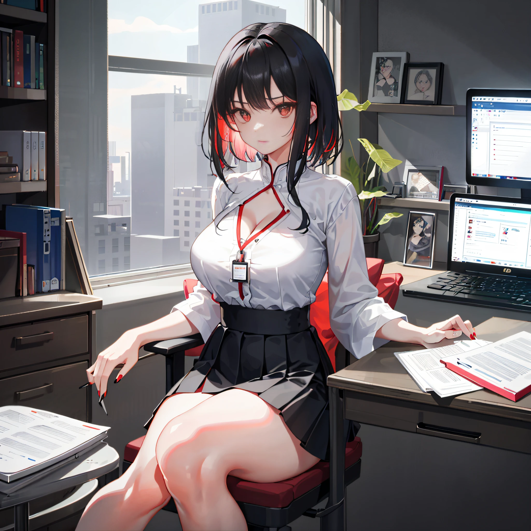 ningguangrnd， （1girll）， 独奏， （（white  shirt））， black thighhigns，Bigchest， nedium breasts，Bandeau，校服， office backdrop， a black skirt， pleatedskirt， office room， hair between eye， hair adornments，big cleavage breasts， long whitr hair， looking at viewert， silber hair， silver short nails， red eyes， 独奏， Thighs, Thighs， upper legs， short detailed hair， （（tmasterpiece））， Sat down， a chair， Study desk， Computer on the desk， name badge， ID tags， inside in room， Be red in the face， sexyposture，vibrant with colors