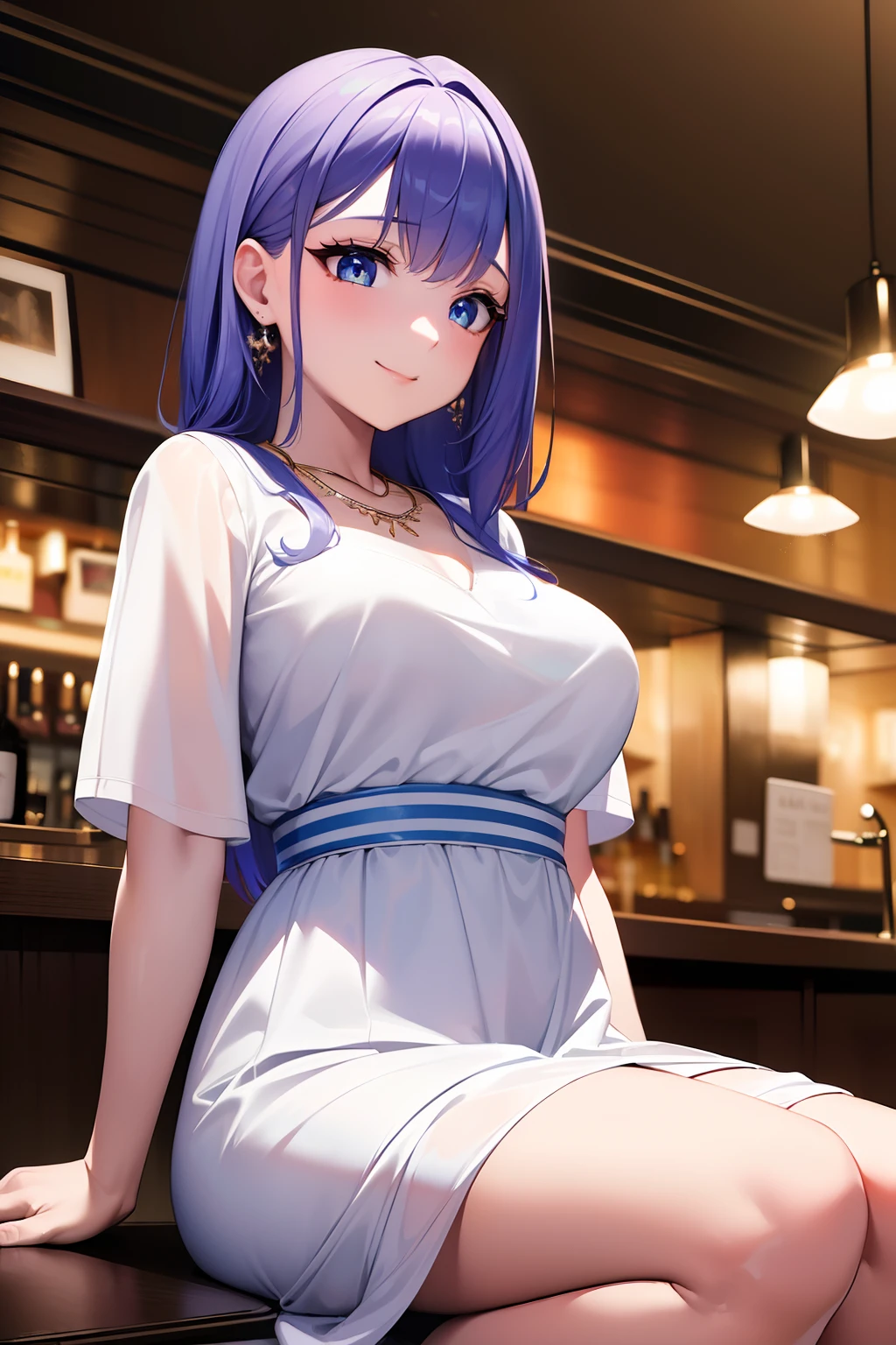 ((masterpiece)), ((best quality)), (ultra-detailed), ((extremely detailed)), 4K, (8K), best quality, (beautiful), anime style, look up from below, bar, night, a cute girl, 1girl, solo, suit, beautiful rainbow hair, beautiful blue eyes, ((beautiful eyes)), white-skinned, earrings, necklace, smile