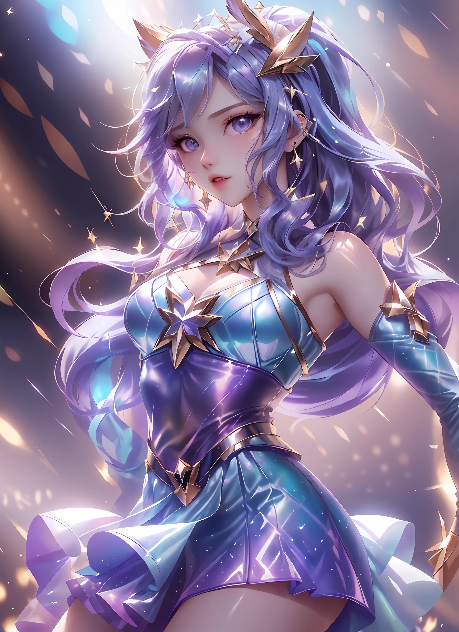 Clean and simple background,(Sing with a microphone:1.5),1girll, K/Da\(league of legend\), 独奏, long whitr hair, short detailed hair, shift dresses,idoly,Stage costumes,be on stage,Cinematic, concert light, Dynamic Angle, beautiful detailed glow, full bodyesbian, Cowboy shot, dreamy glow, (Bokeh:1.5),Masterpiece, Super detailed, Epic composition, Highest quality, 4K,