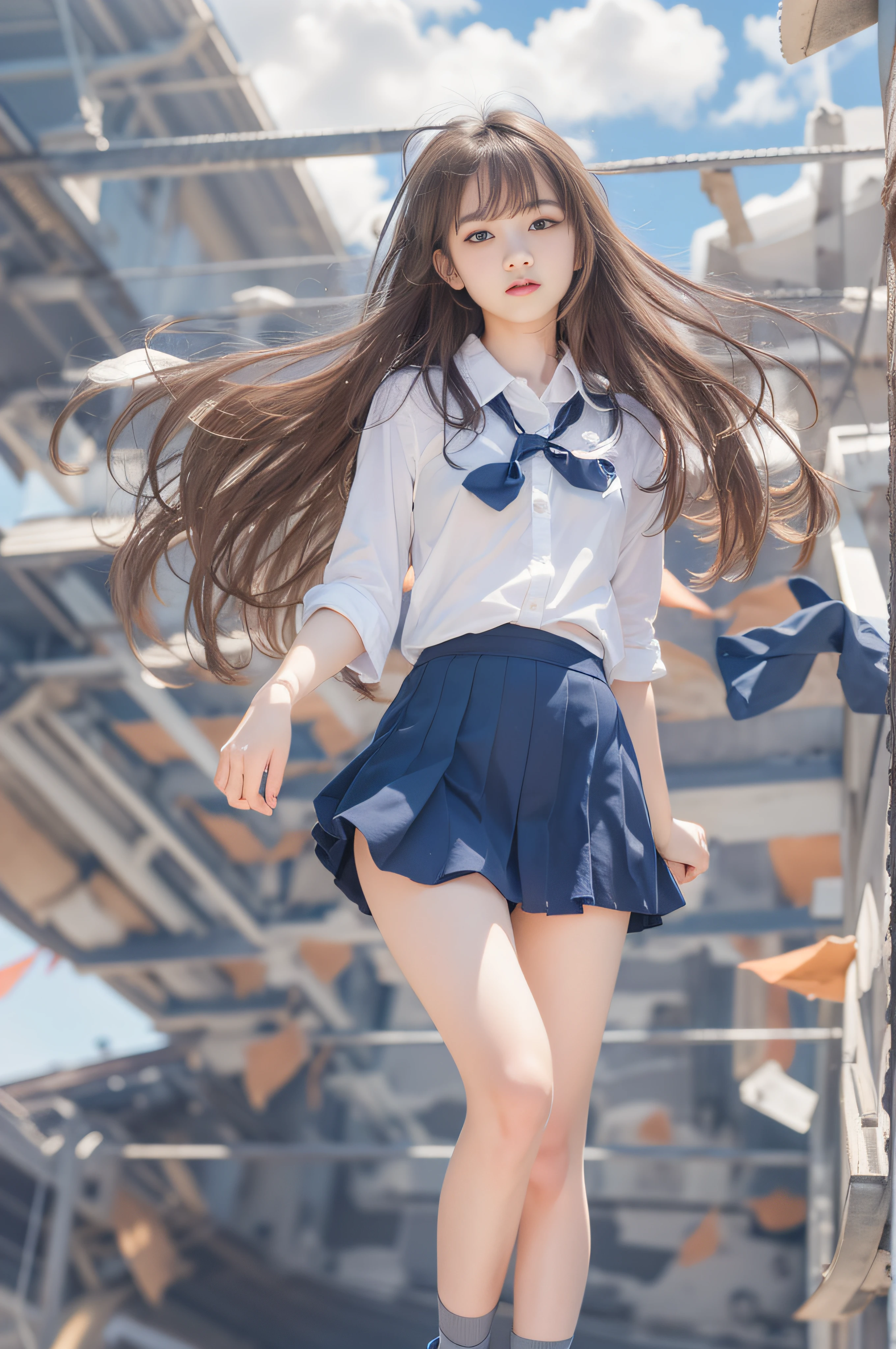 Raw photography:2、 Highest Quality、 realisitic:2、Photorealsitic:2、masterpiece、extremely delicate and beautiful、finely detail、ultra-detailliert、hight resolution、Textured skin、1girl in、(Solo:2)、(Alone:2)、Japanese high school girl、18year old、(From thigh up)、(beauitful face:1.5)、Adult face、tall、middlebreasts、Brown Long Hair、high school summer uniform、(darkblue miniskirt)、White short-sleeved shirt、neck tie、(Bare legs:1.3)、(Black loafers:1.2)、(white panties:1.3)、(Sky from below:2)、heavy wind