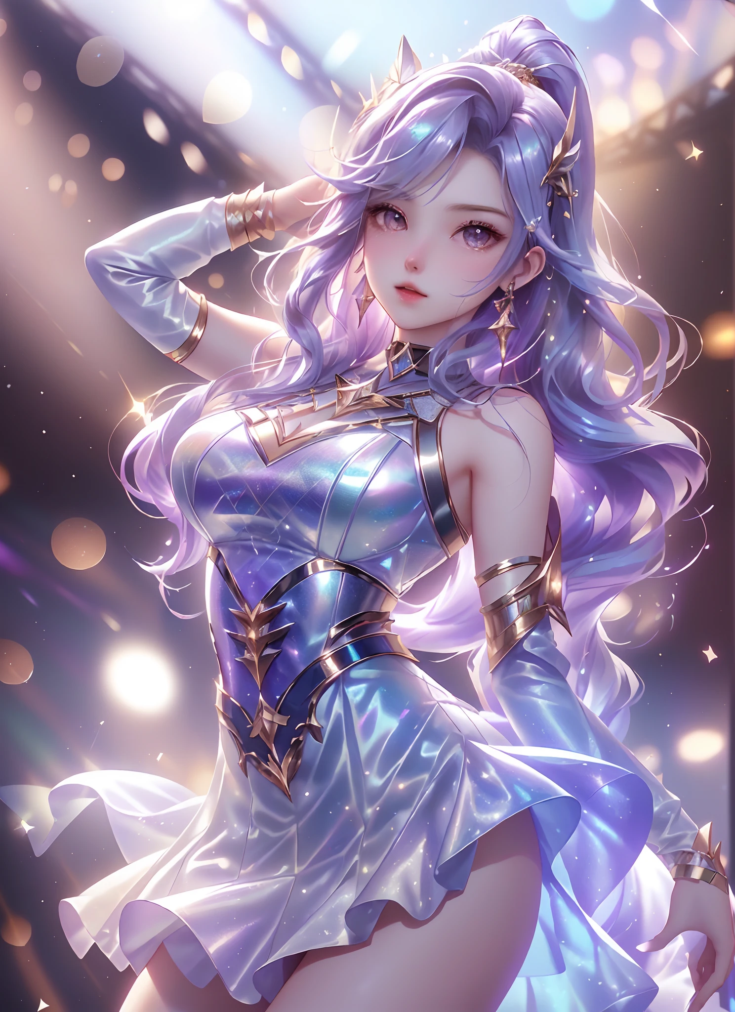 Clean and simple background,（Sing with a microphone：1.5），1girll， K/Da\（league of legend\）， 独奏， long whitr hair， short detailed hair， shift dresses，idoly，Stage costumes，be on stage，Cinematic, concert light, Dynamic Angle, beautiful detailed glow, full bodyesbian, Cowboy shot, dreamy glow， (Bokeh:1.5)，Masterpiece, Super detailed, Epic composition, Highest quality, 4K，