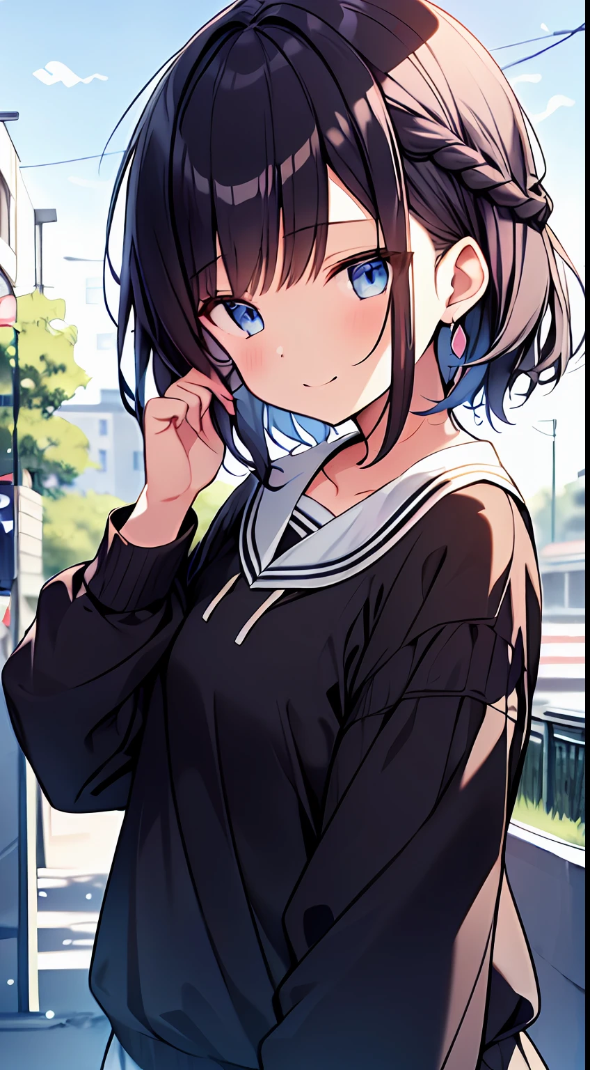 masutepiece, Best Quality,Illustration, Wallpaper, Ultra Detail, 1girl in,Solo,Beautiful detailed eyes,Very thick contour lines、Medium Short-Cut Hair、Short, Braided hair、(student clothes)、Dark hair color、A refreshing smile、Walking next door、Kamimei、Overlooking angle:1.2、small head