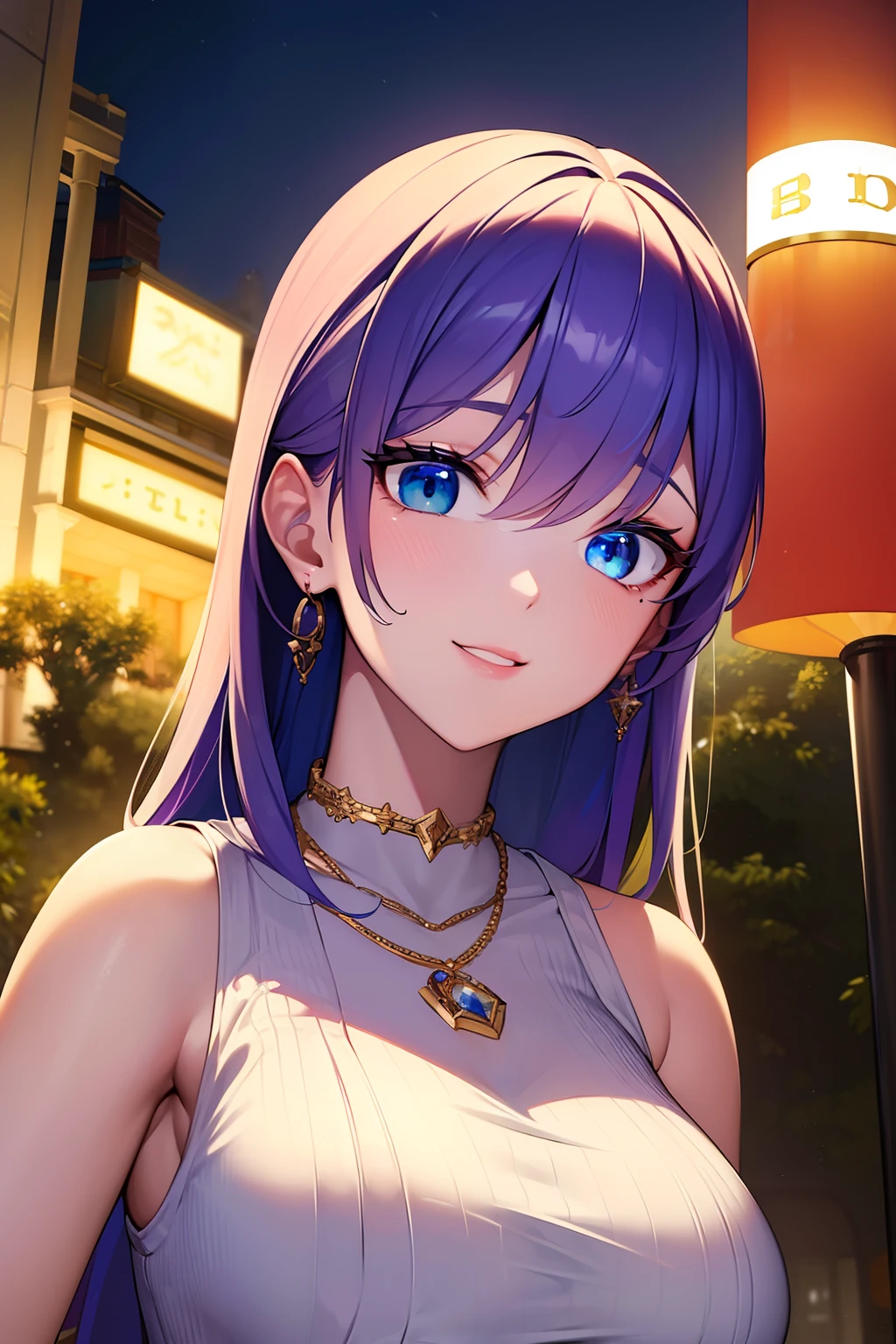 ((masterpiece)), ((best quality)), (ultra-detailed), ((extremely detailed)), 4K, (8K), best quality, (beautiful), anime style, look up from below, bar, night, a cute girl, 1girl, solo, suit, beautiful rainbow hair, beautiful blue eyes, ((beautiful eyes)), white-skinned, earrings, necklace, smile