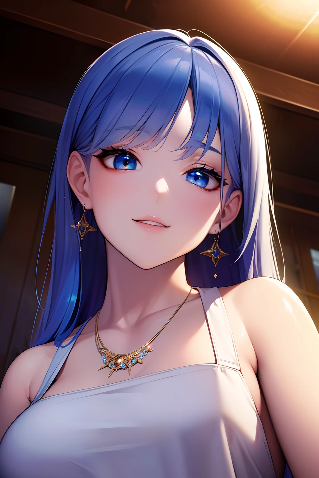 ((masterpiece)), ((best quality)), (ultra-detailed), ((extremely detailed)), 4K, (8K), best quality, (beautiful), anime style, look up from below, bar, night, a cute girl, 1girl, solo, suit, beautiful rainbow hair, beautiful blue eyes, ((beautiful eyes)), white-skinned, earrings, necklace, smile