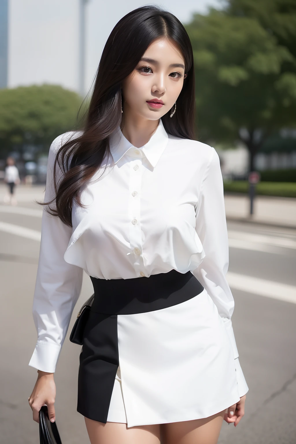 A close up of a woman in a white shirt and black skirt - SeaArt AI