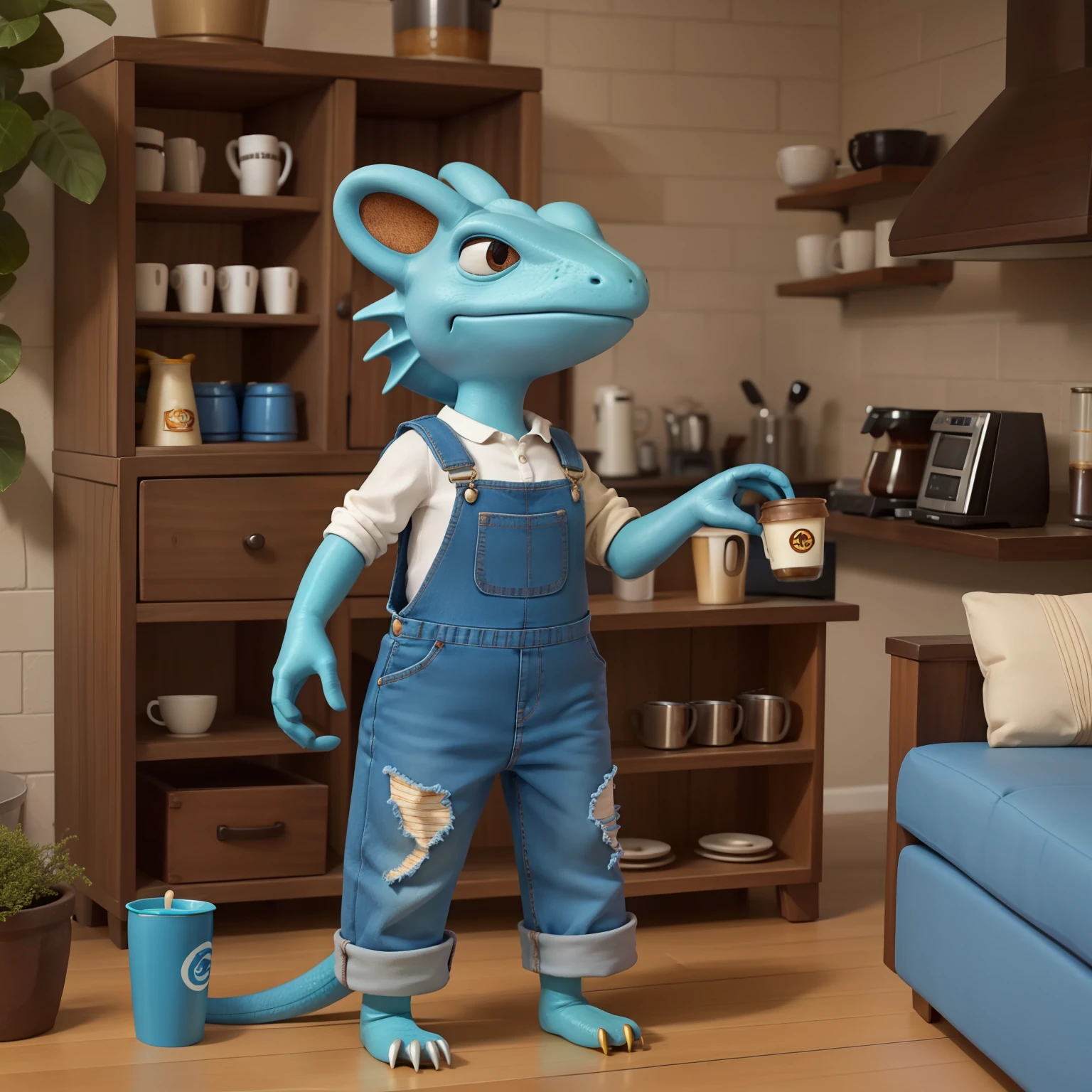 A cute anthropomorphic lizard dressed in denim overalls brews coffee in her fully furnished home, lots of details