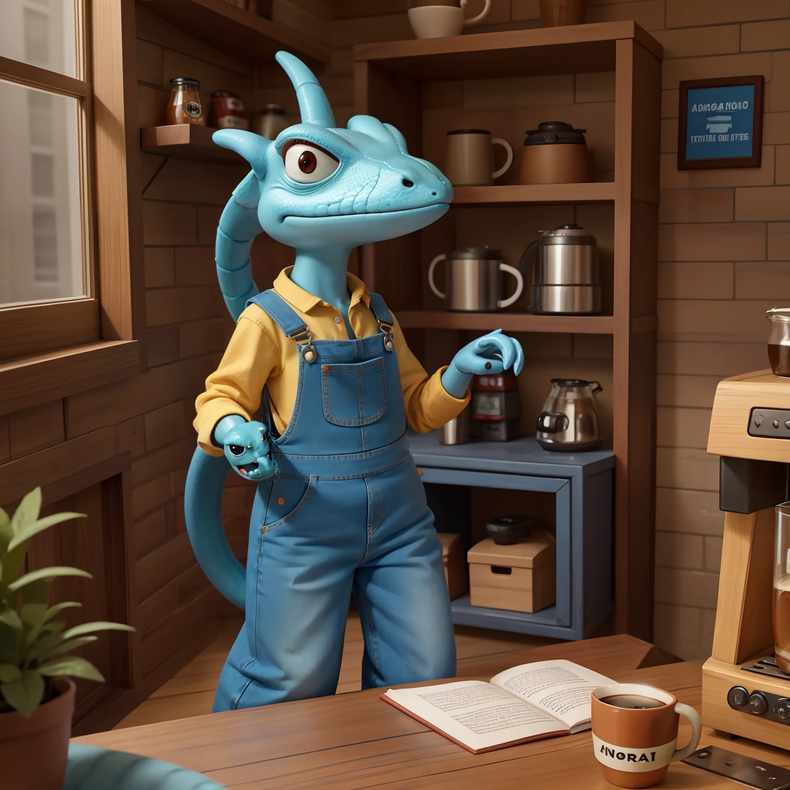 An anthropomorphic lizard dressed in denim overalls brews coffee in her fully furnished home, lots of details