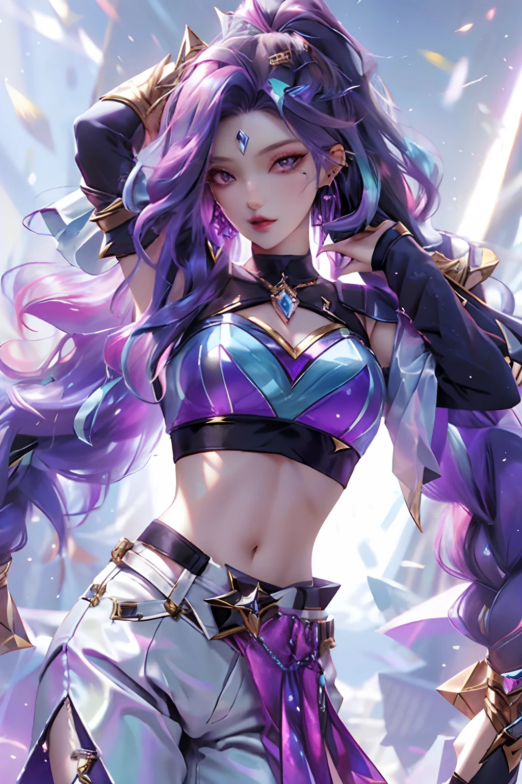 best quality, 1girl, solo, long hair, looking at viewer,  multicolored hair, earrings, detached sleeves, midriff, pants,  k/da \(league of legends\)