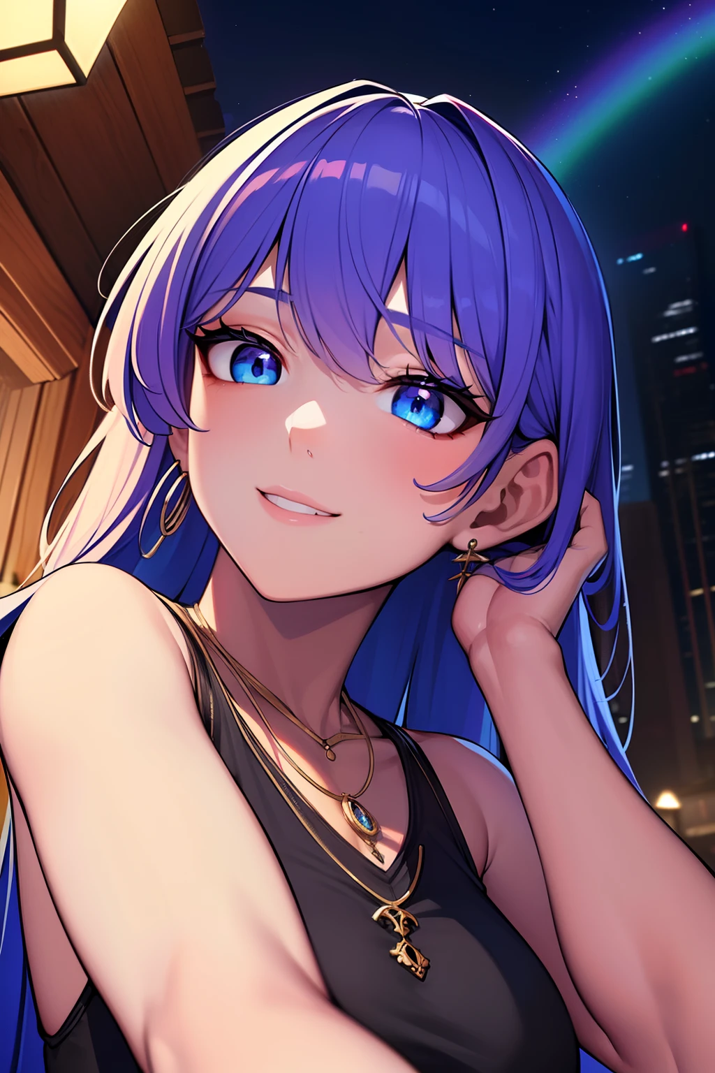 ((masterpiece)), ((best quality)), (ultra-detailed), ((extremely detailed)), 4K, (8K), best quality, (beautiful), anime style, look up from below, bar, night, a cute girl, 1girl, solo, suit, beautiful rainbow hair, beautiful blue eyes, ((beautiful eyes)), white-skinned, earrings, necklace, smile