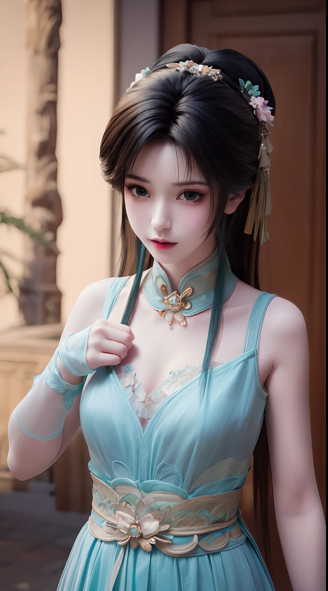 1 beautiful and cute realistic girl, tender young girl, waist length hair, long black hair with a hint of blue, light blue eyes, wearing a long, thin, blue dress with a hanfu style, ((blue dress with white lace border covering the girl's cleavage:0.8)), style hanfu, wearing a thin silk shirt of ancient China, pink and smooth white skin, wearing a discreet ancient style ao dai, appears shoulders and head in the photo,cute little face, eye bags under wet makeup, plump red lips, pout, ((closed mouth:1.0)), balanced incisors, embarrassed, small face makeup detailed and very beautifull, The breasts are super round and tight, breast augmentation, blum boobs, ((cover the girl's chest with a camisole inside:1.2)), blush, from front, wear earrings, necklaces, from above, looking at viewer, upturned eyes, upper body, masterpiece, top quality, best quality, official art, unity 8k wallpaper, highres, ultra-high res, ultra-detailed, (photorealistic:1.2), alone, solo, Only 1 girl, style hanfu Dunhuang, 10x pixels, super realistic, ultra high quality, full body view of the girl, upper body,