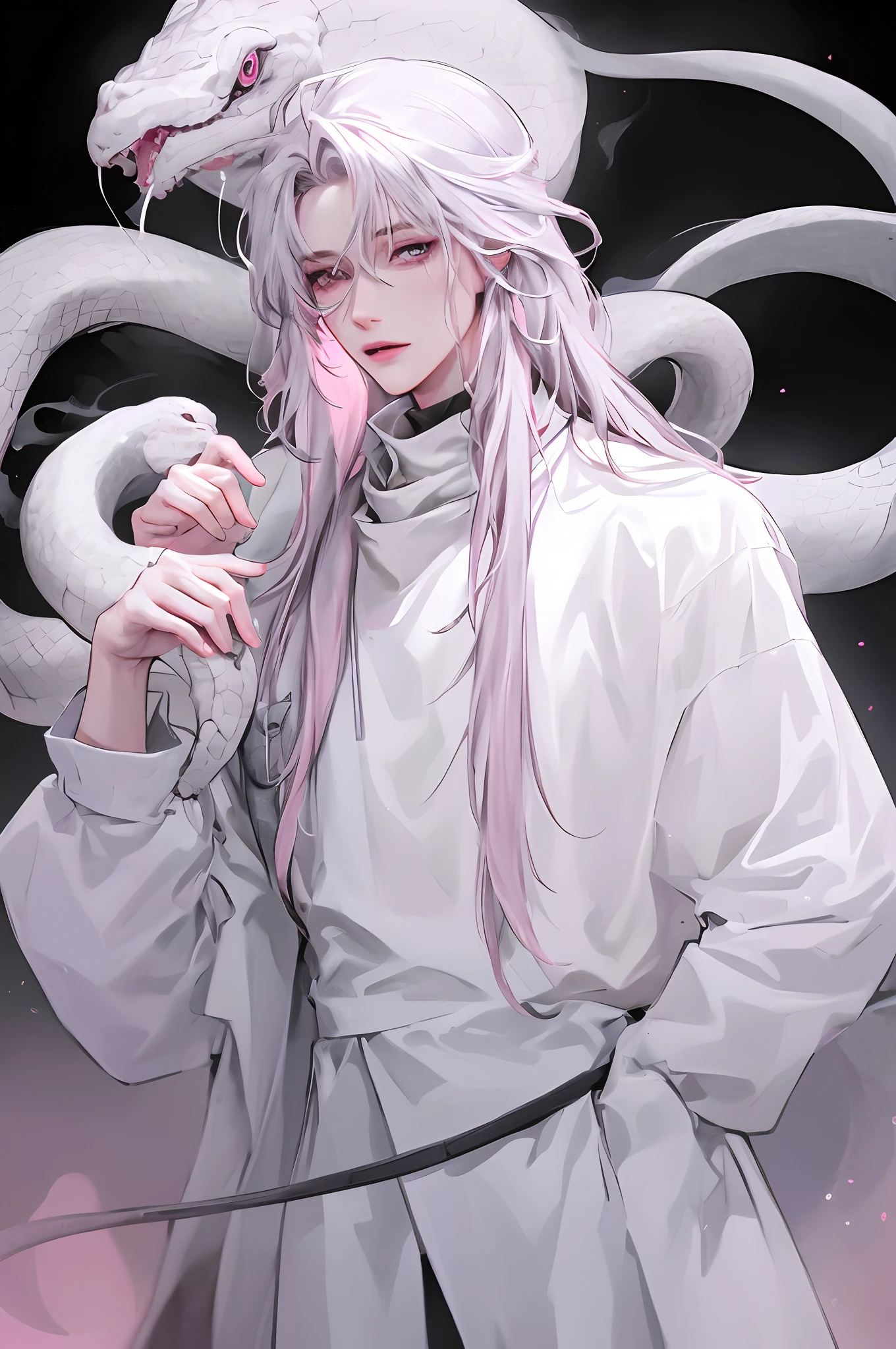 mtu,high and cold,cool guy,Snake Boy,white clothes,paleskin,National style beautiful boy,Pink White Long Hair,Evil laughter,unholy,long whitr hair,Blue-gray hair,White Snake,Poison curse,There is pink poisonous smoke around,Beautiful semi-three-dimensional,Realistic facial features,full bodyesbian,vivaciousness,Best picture quality,depth of fields,